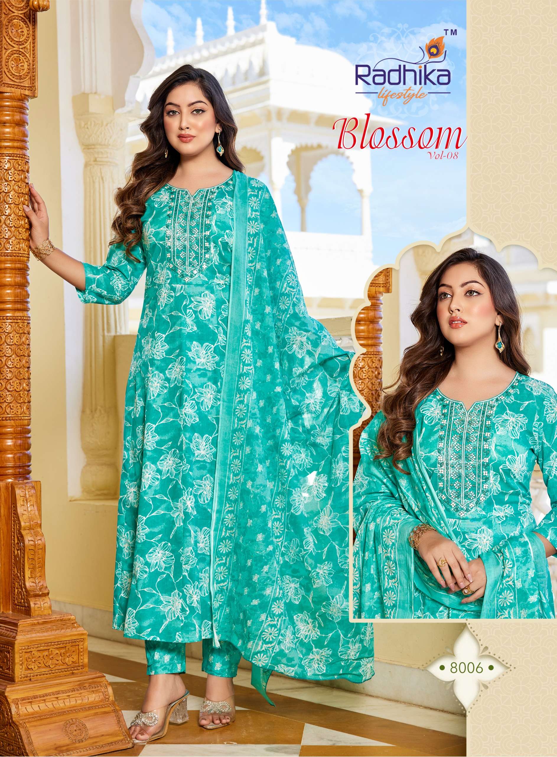 RADHIKA LIFESTYLE BLOSSOM VOL 8 COTTON PRINT FANCY WORK LADIES ANARKALI STYLE 3PCS SET COLLECTION 