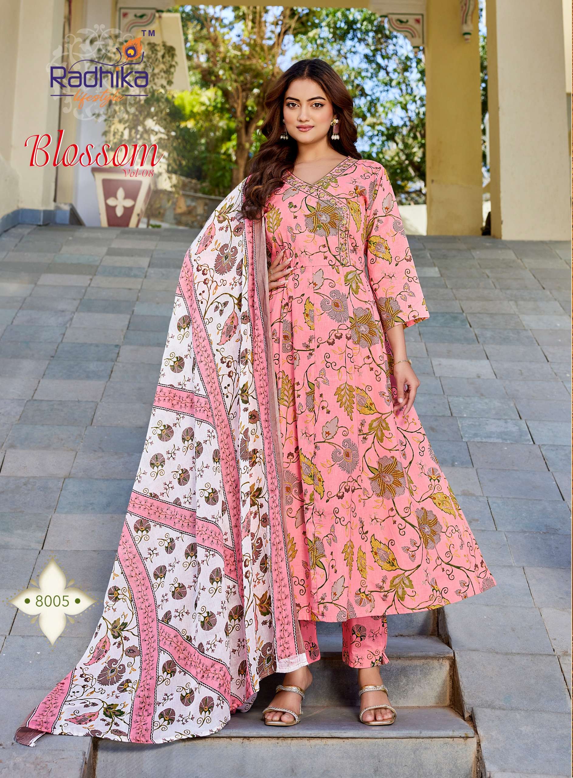 RADHIKA LIFESTYLE BLOSSOM VOL 8 COTTON PRINT FANCY WORK LADIES ANARKALI STYLE 3PCS SET COLLECTION 