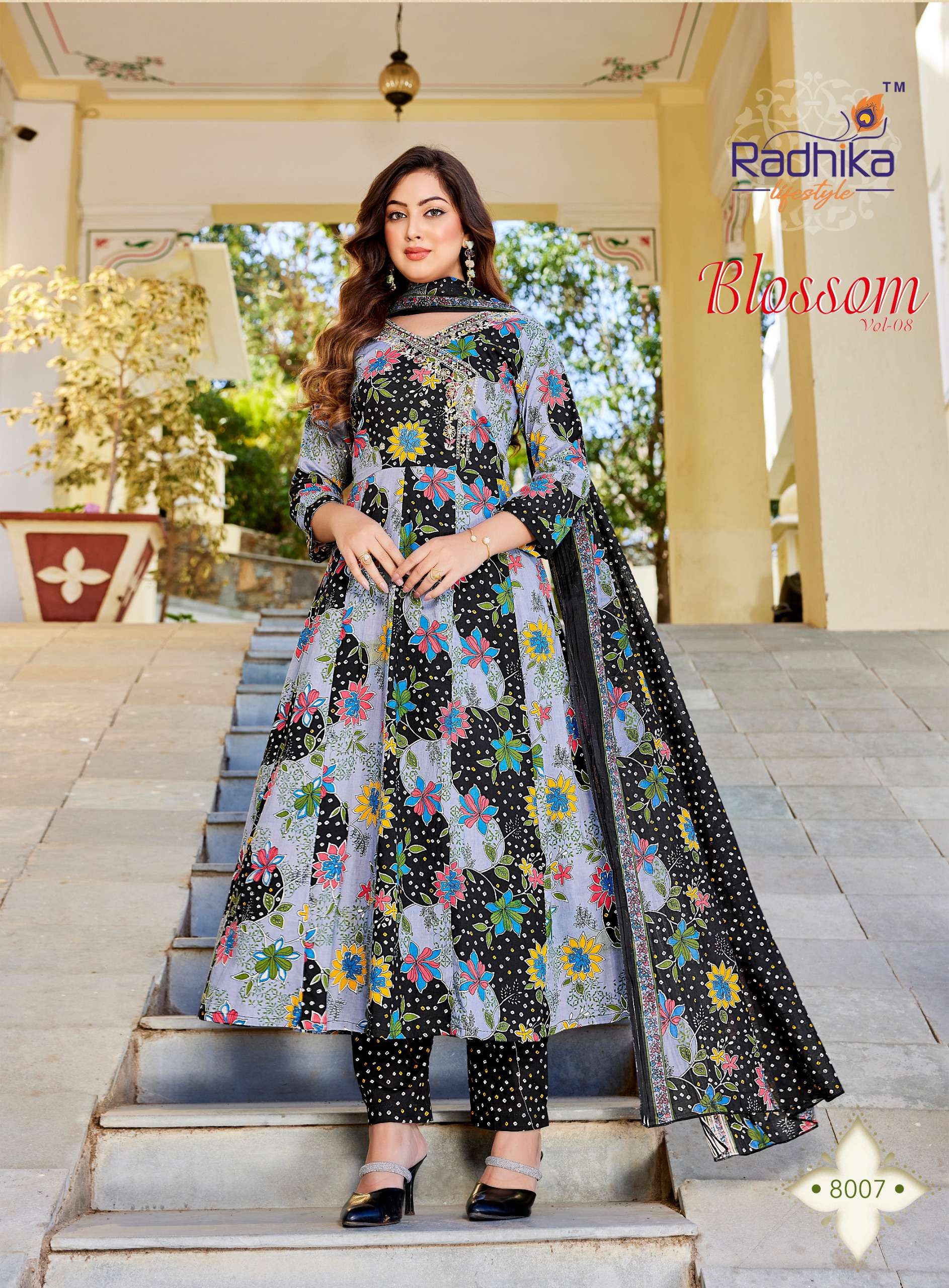 RADHIKA LIFESTYLE BLOSSOM VOL 8 COTTON PRINT FANCY WORK LADIES ANARKALI STYLE 3PCS SET COLLECTION 