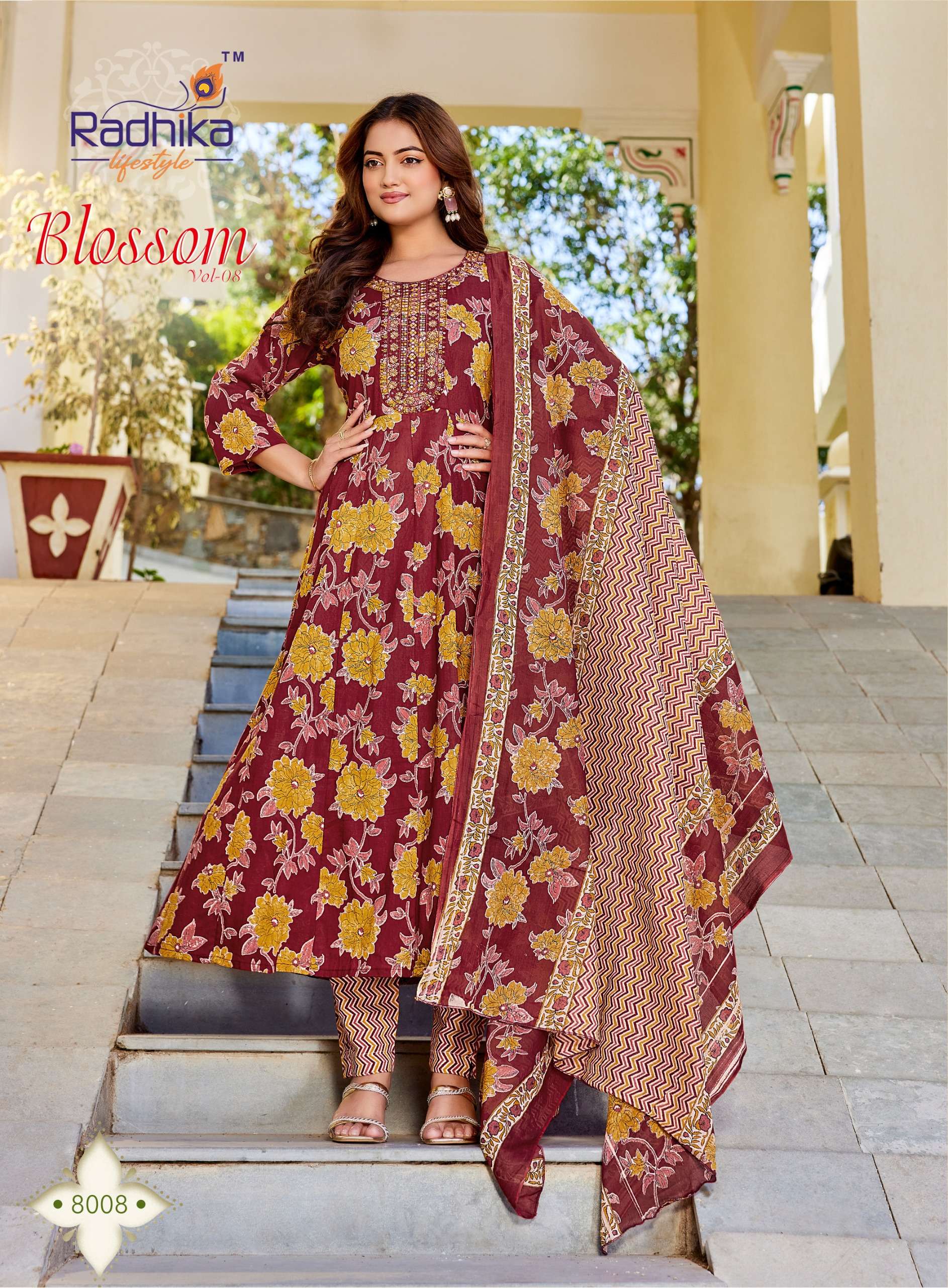 RADHIKA LIFESTYLE BLOSSOM VOL 8 COTTON PRINT FANCY WORK LADIES ANARKALI STYLE 3PCS SET COLLECTION 
