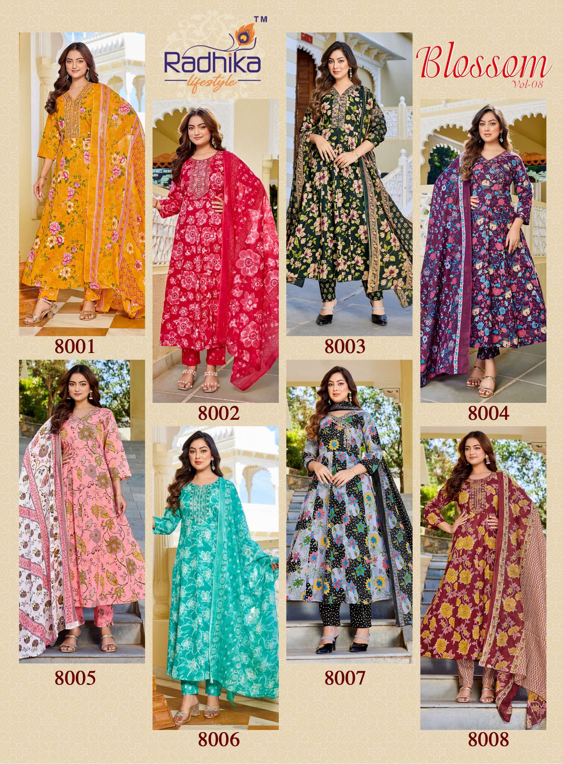 RADHIKA LIFESTYLE BLOSSOM VOL 8 COTTON PRINT FANCY WORK LADIES ANARKALI STYLE 3PCS SET COLLECTION 
