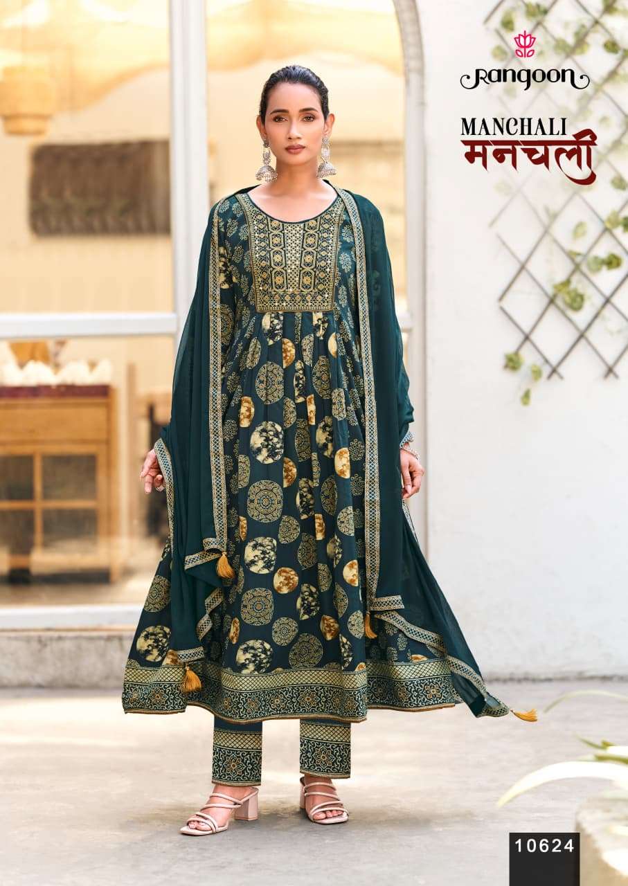 RANGOON MANCHALI COTTON PRINT WITH FANCY WORK LADIES ANARKALI GOWN SUIT