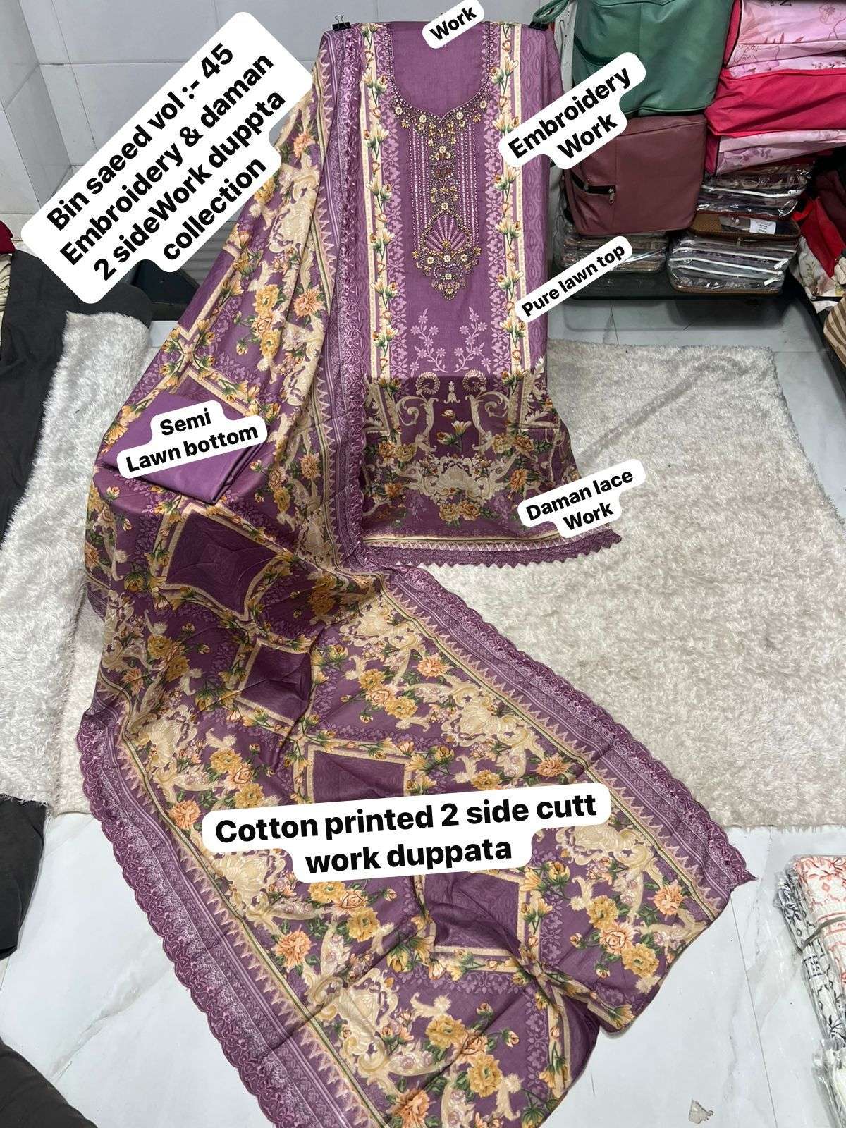 SAPPHIRE BIN SAEED VOL 45 LAWN COTTON PRINTED WITH EMBROIDERY WORK SUIT