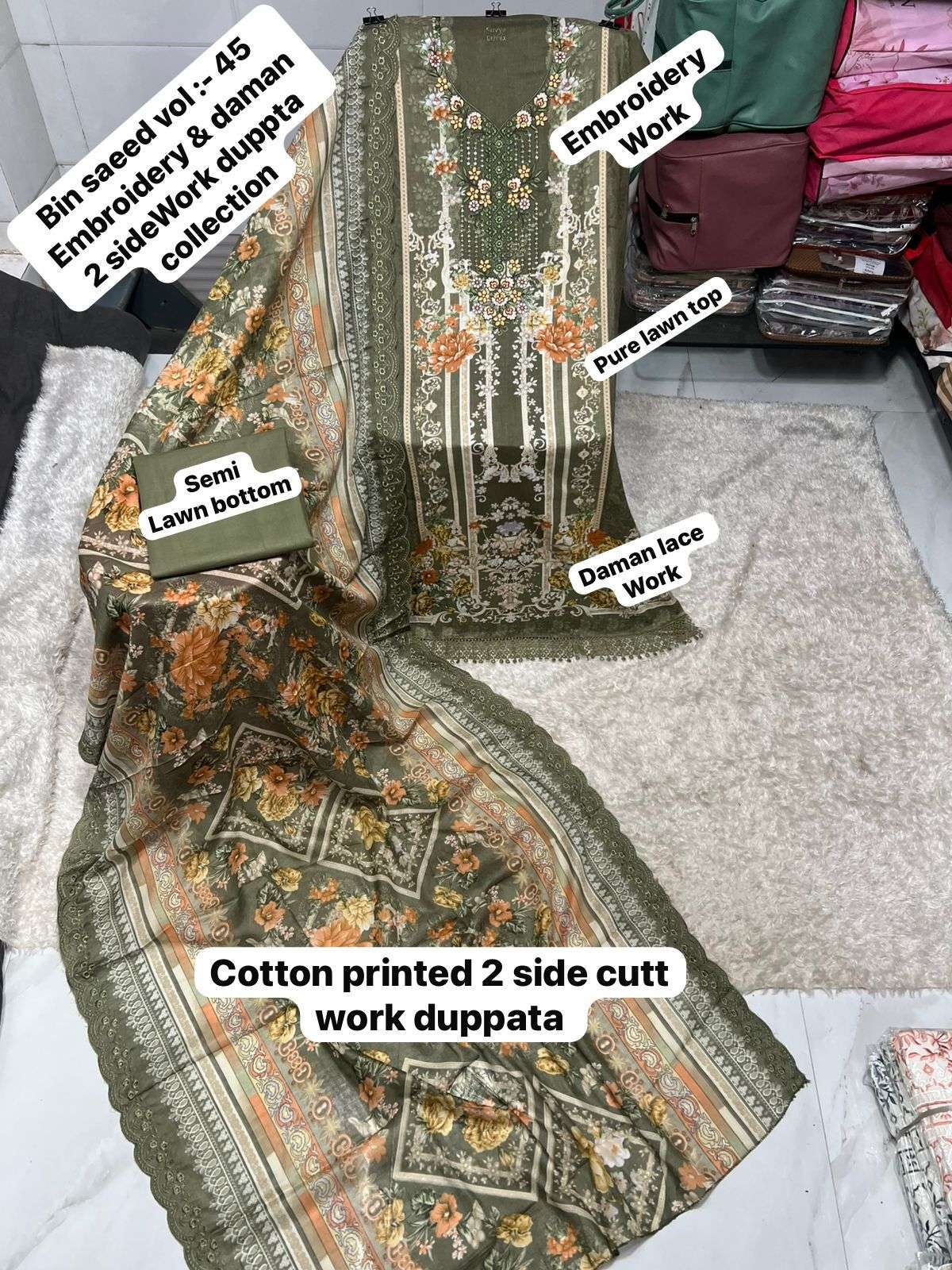 SAPPHIRE BIN SAEED VOL 45 LAWN COTTON PRINTED WITH EMBROIDERY WORK SUIT