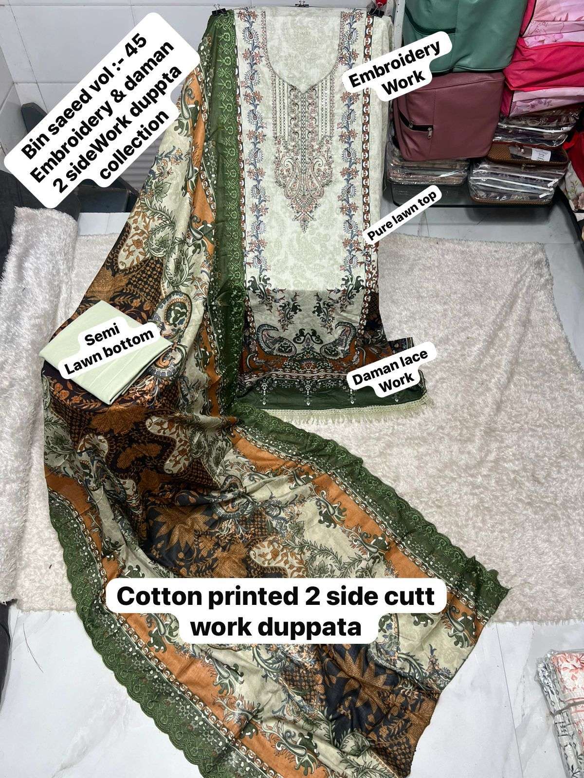 SAPPHIRE BIN SAEED VOL 45 LAWN COTTON PRINTED WITH EMBROIDERY WORK SUIT