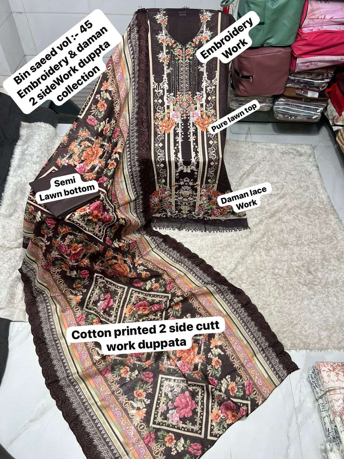 SAPPHIRE BIN SAEED VOL 45 LAWN COTTON PRINTED WITH EMBROIDERY WORK SUIT