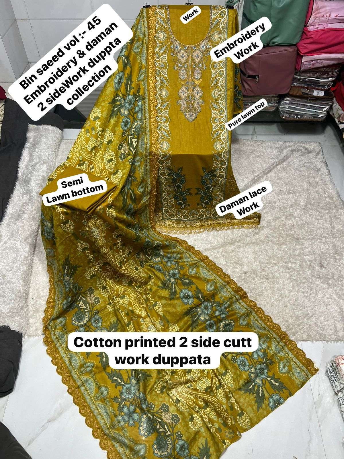 SAPPHIRE BIN SAEED VOL 45 LAWN COTTON PRINTED WITH EMBROIDERY WORK SUIT