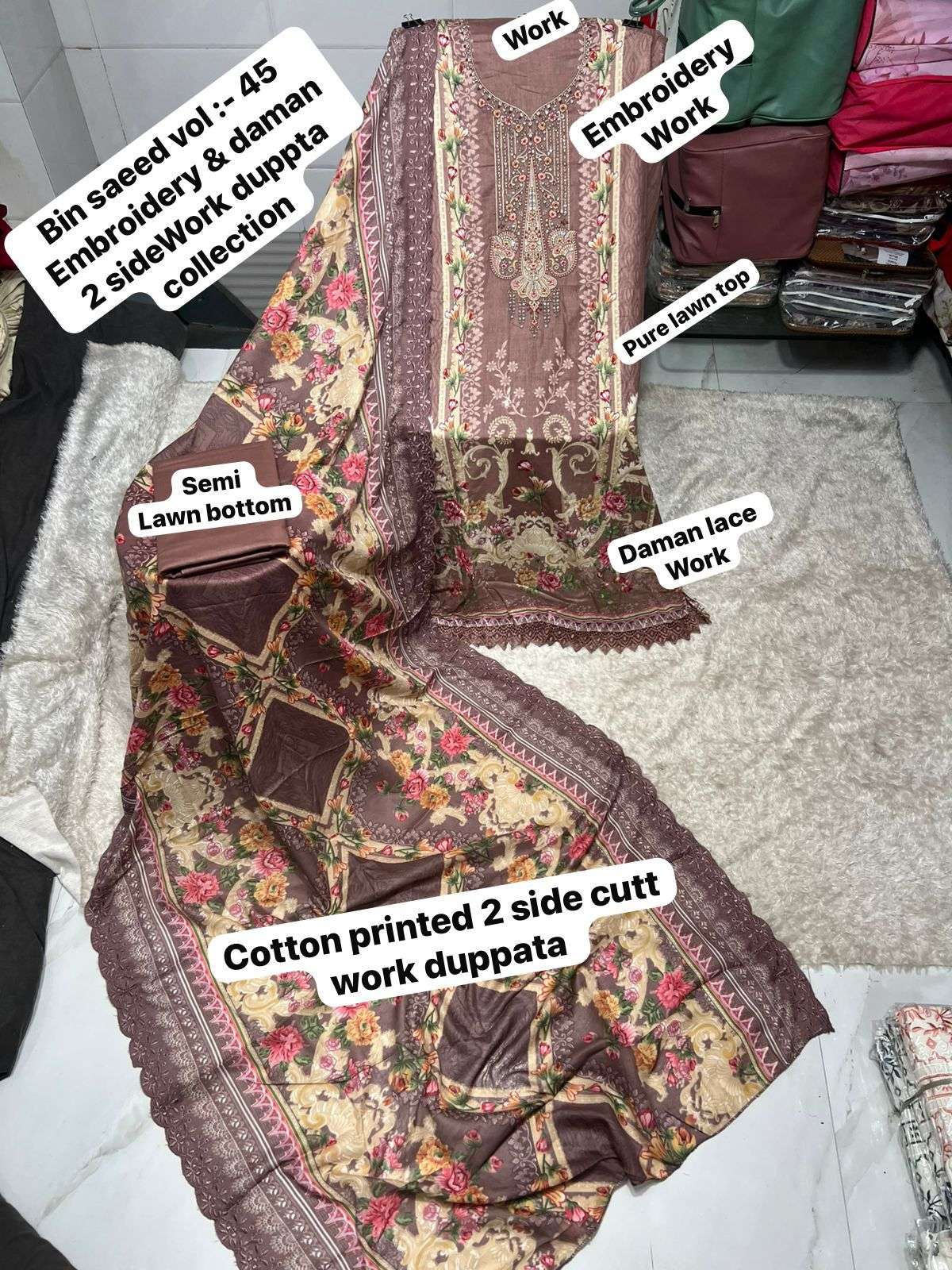 SAPPHIRE BIN SAEED VOL 45 LAWN COTTON PRINTED WITH EMBROIDERY WORK SUIT