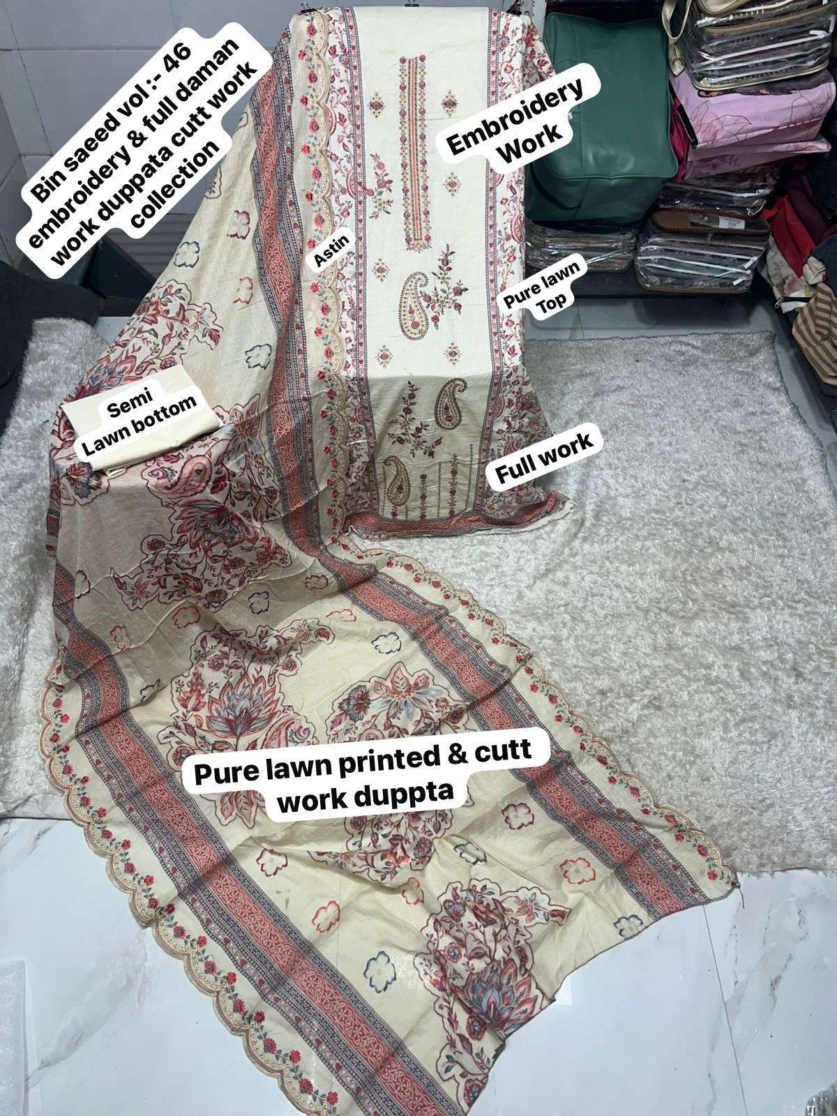SAPPHIRE BIN SAEED VOL 46 LAWN COTTON PRINTED WITH EMBROIDERY WORK SUIT