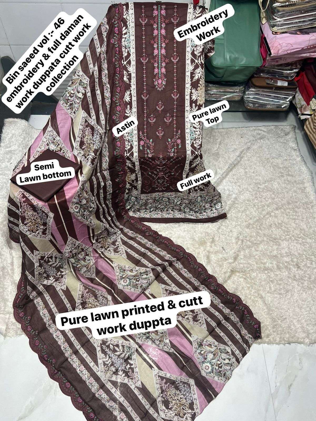 SAPPHIRE BIN SAEED VOL 46 LAWN COTTON PRINTED WITH EMBROIDERY WORK SUIT