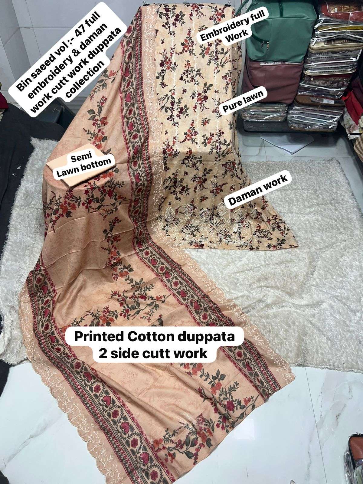 SAPPHIRE BIN SAEED VOL 47 LAWN COTTON PRINTED WITH EMBROIDERY WORK SUIT