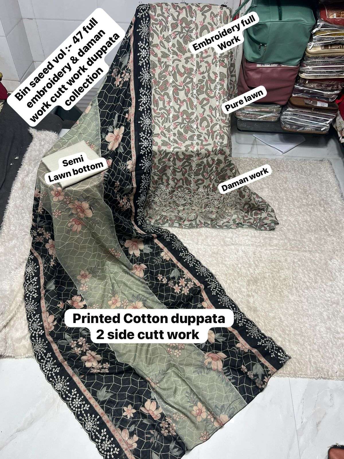 SAPPHIRE BIN SAEED VOL 47 LAWN COTTON PRINTED WITH EMBROIDERY WORK SUIT