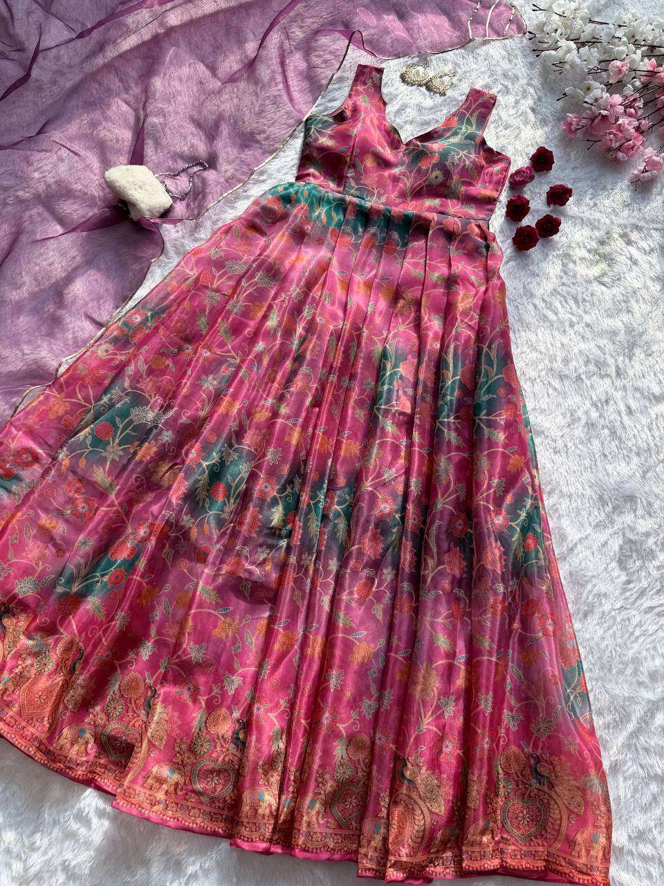 SC 337 ORGANZA SILK DIGITAL PRINTED FANCY PREETY LOOK GOWN WITH DUPATTA SET 