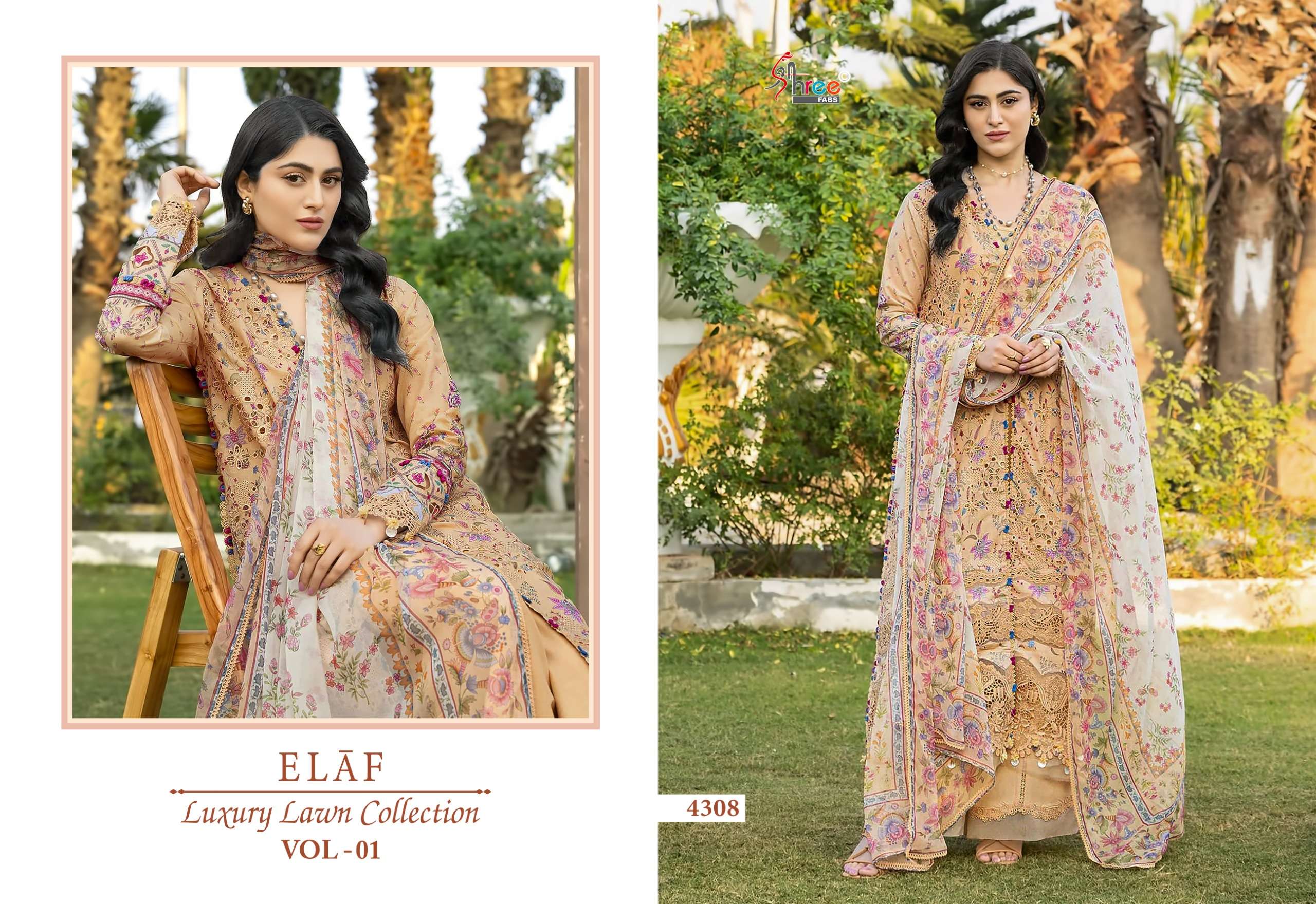 SHREE FABS ELAF LUXURY LAWN COLLECTION VOL 1 COTTON PRINT WITH HEAVY WORK SUIT