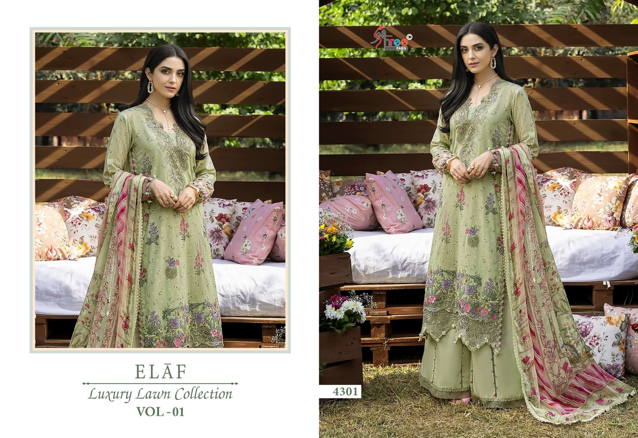 SHREE FABS ELAF LUXURY LAWN COLLECTION VOL 1 COTTON PRINT WITH HEAVY WORK SUIT