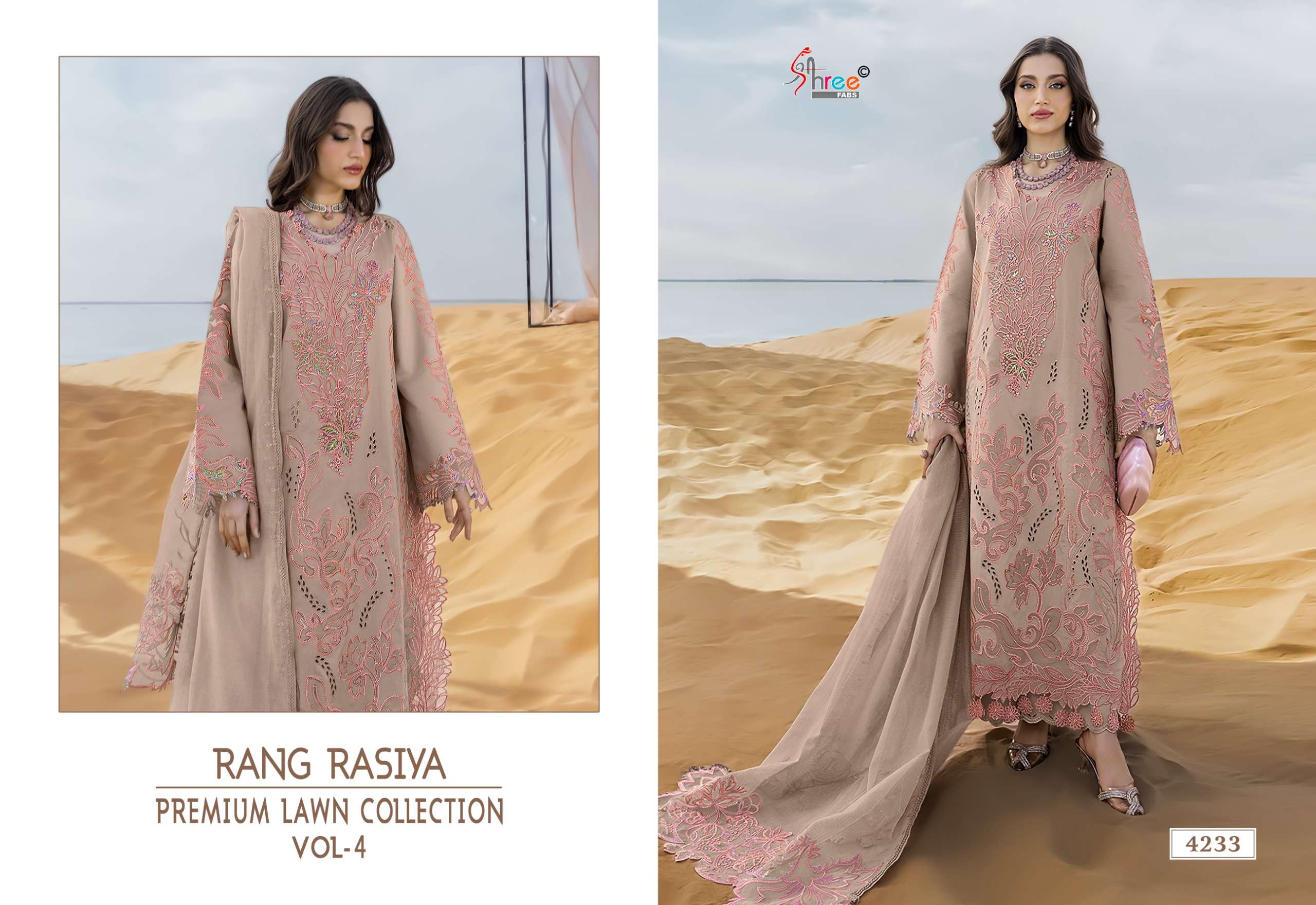 SHREE FABS RANG RASIYA PREMIUM LAWN COLLECTION VOL 4 COTTON HEAVY EMBROIDERY DESIGNER WORK SUIT