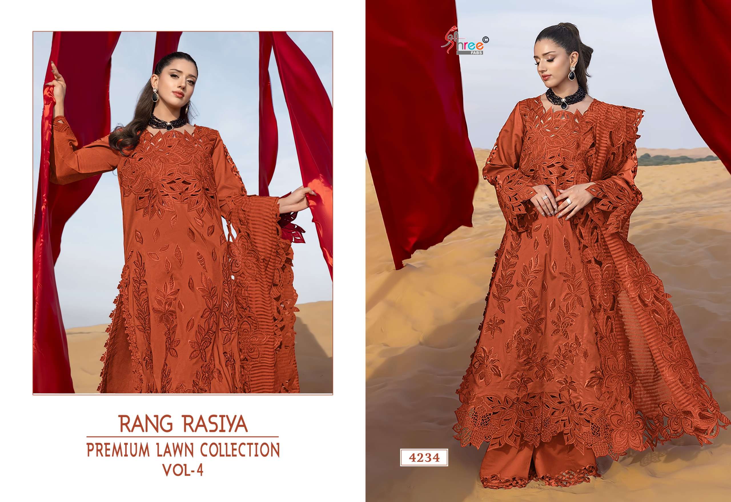 SHREE FABS RANG RASIYA PREMIUM LAWN COLLECTION VOL 4 COTTON HEAVY EMBROIDERY DESIGNER WORK SUIT