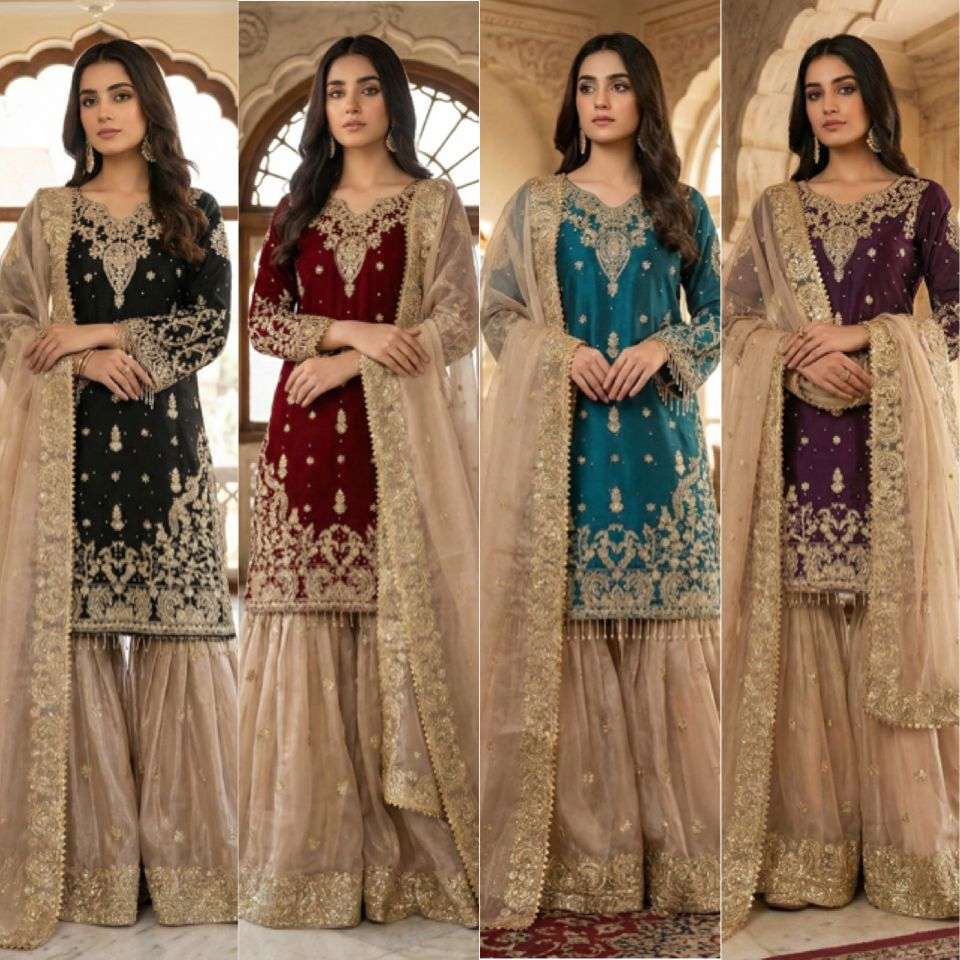 SR 1702 SILK HEAVY BEAUTIFUL EMBROIDERY DESIGNER FESTIVE WEAR LADIES SHARARA SUIT