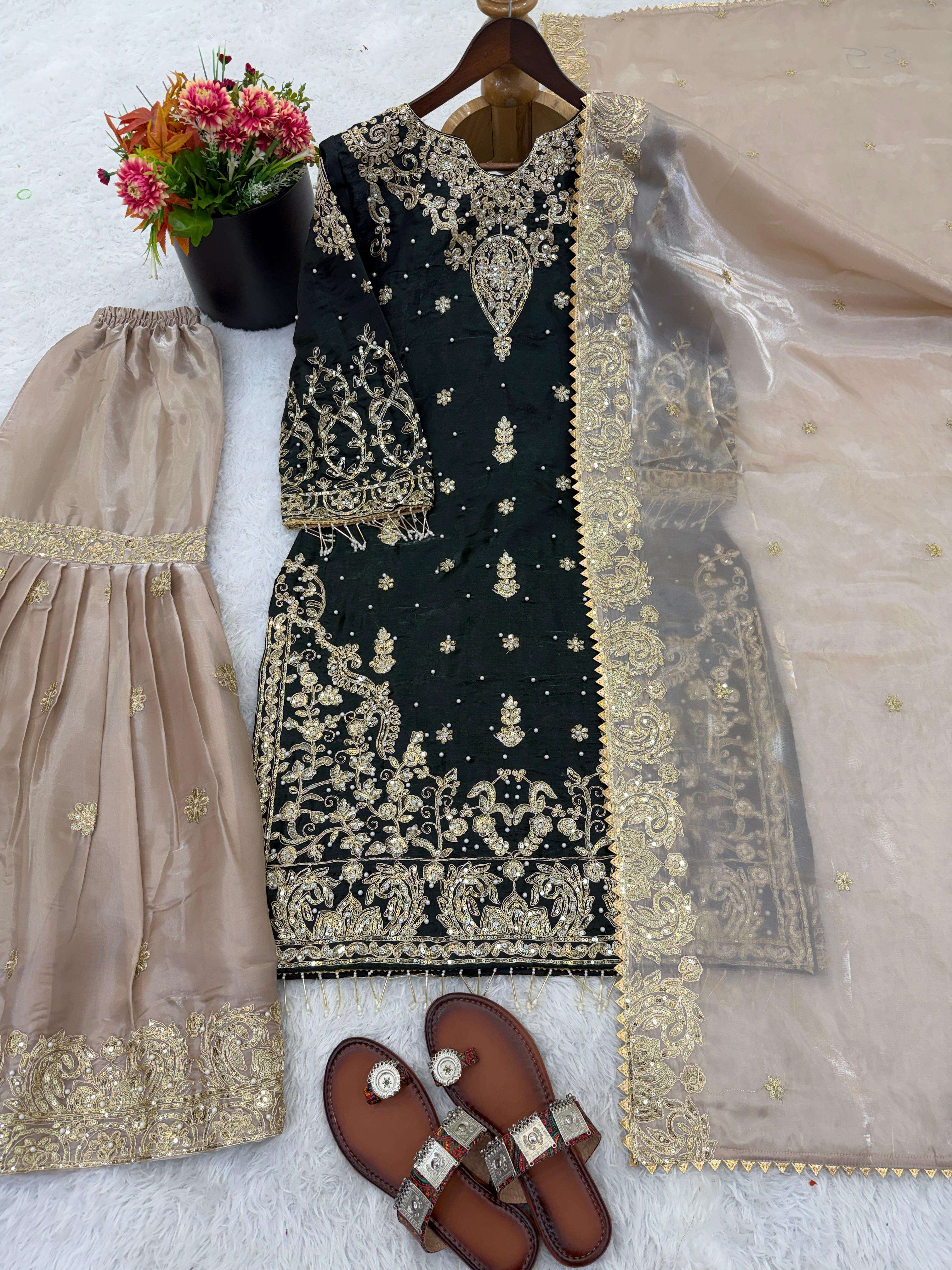 SR 1702 SILK HEAVY BEAUTIFUL EMBROIDERY DESIGNER FESTIVE WEAR LADIES SHARARA SUIT