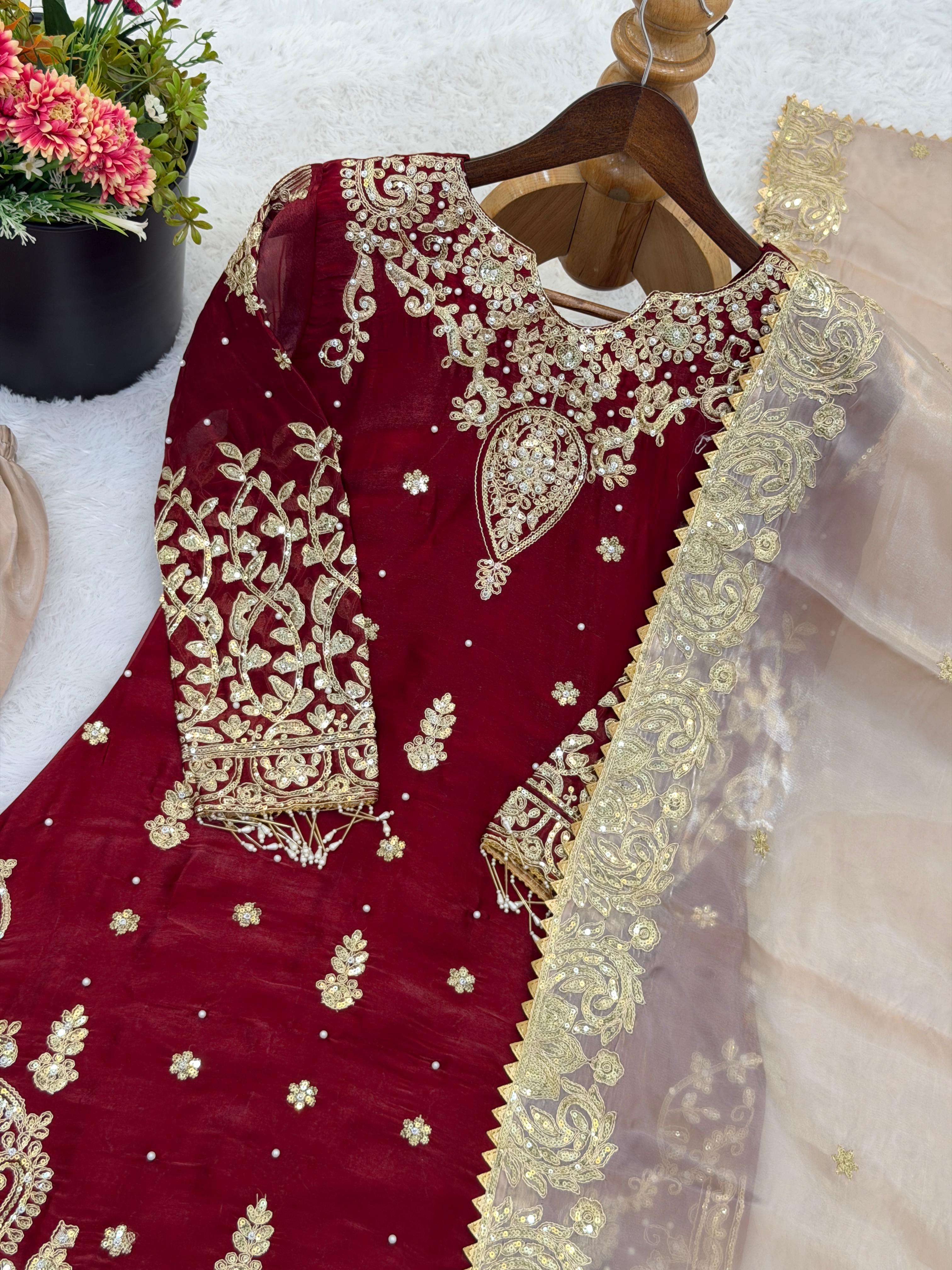 SR 1702 SILK HEAVY BEAUTIFUL EMBROIDERY DESIGNER FESTIVE WEAR LADIES SHARARA SUIT