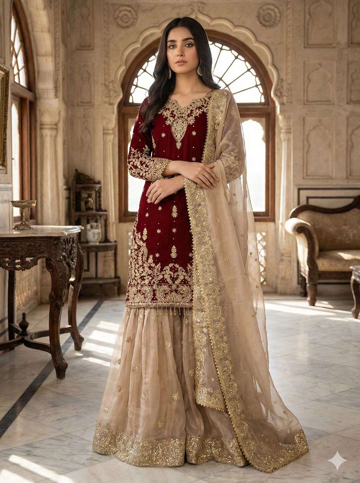 SR 1702 SILK HEAVY BEAUTIFUL EMBROIDERY DESIGNER FESTIVE WEAR LADIES SHARARA SUIT