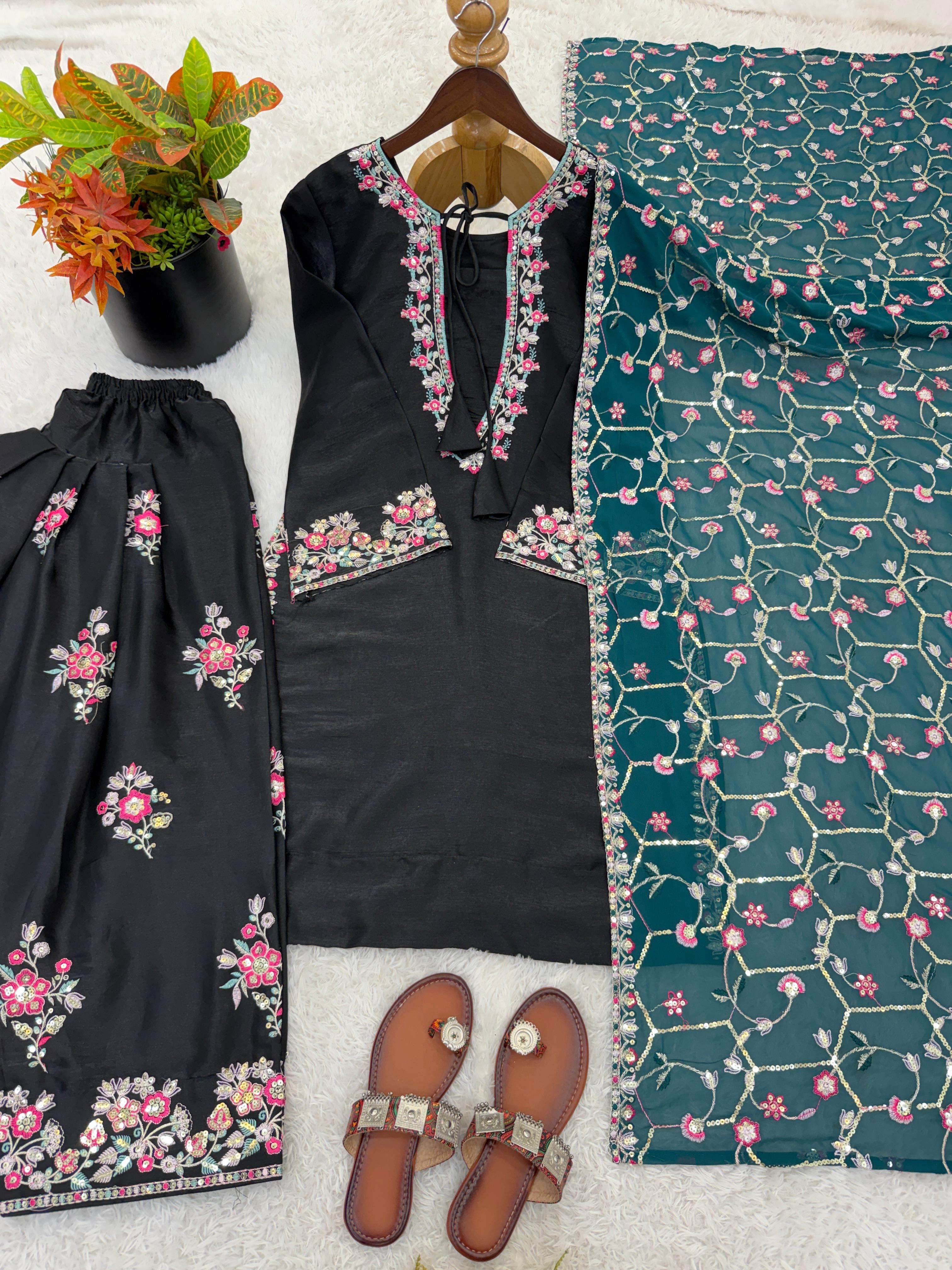 SR 1708 SILK SEQUENCE EMBROIDERY DESIGNER WORK PARTY WEAR LADIES SUIT