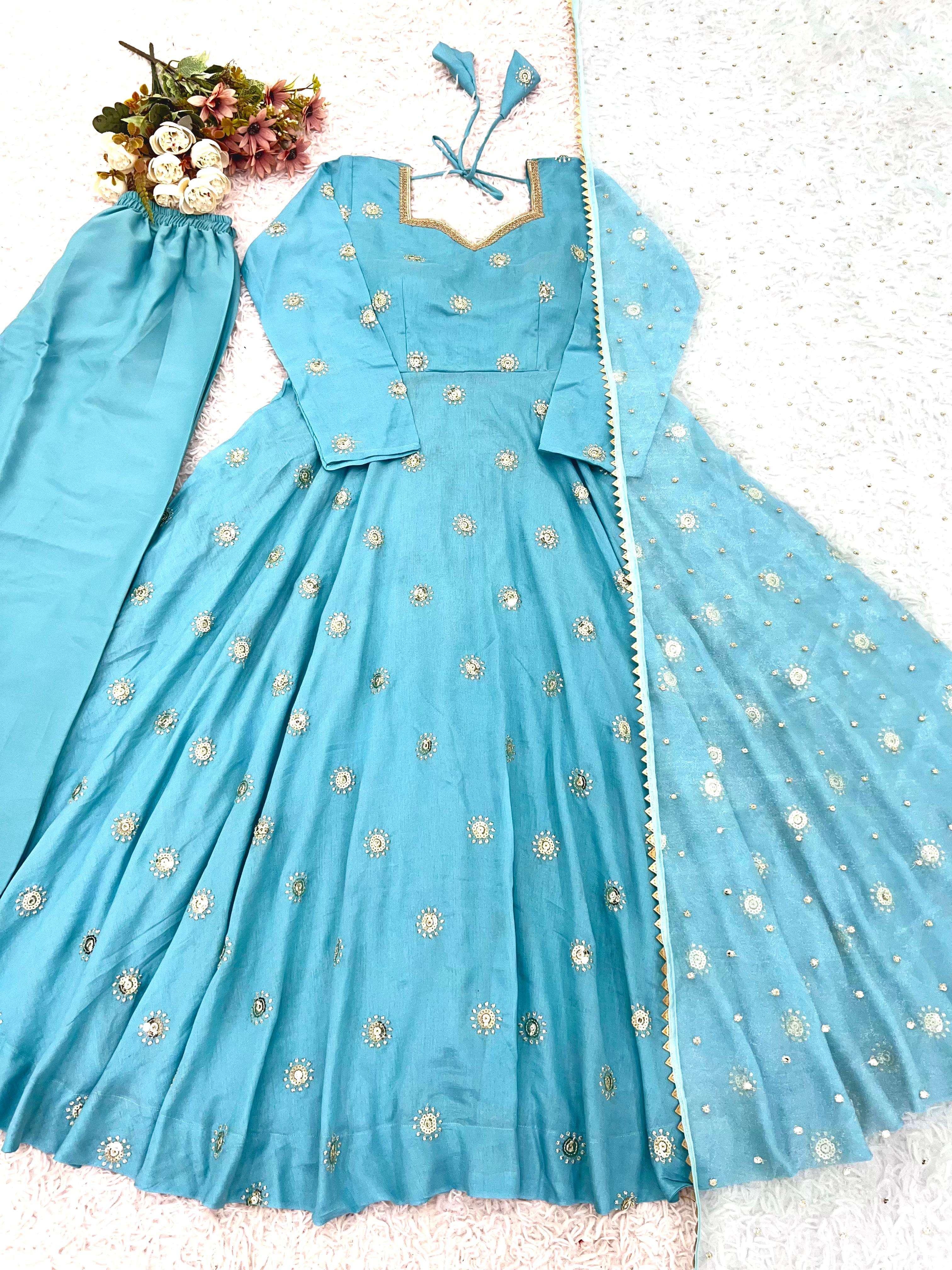 SSR 524 SILK SEQUENCE EMBROIDERY WORK ANARKALI STYLE GOWN BOTTOM AND DUPATTA SET 