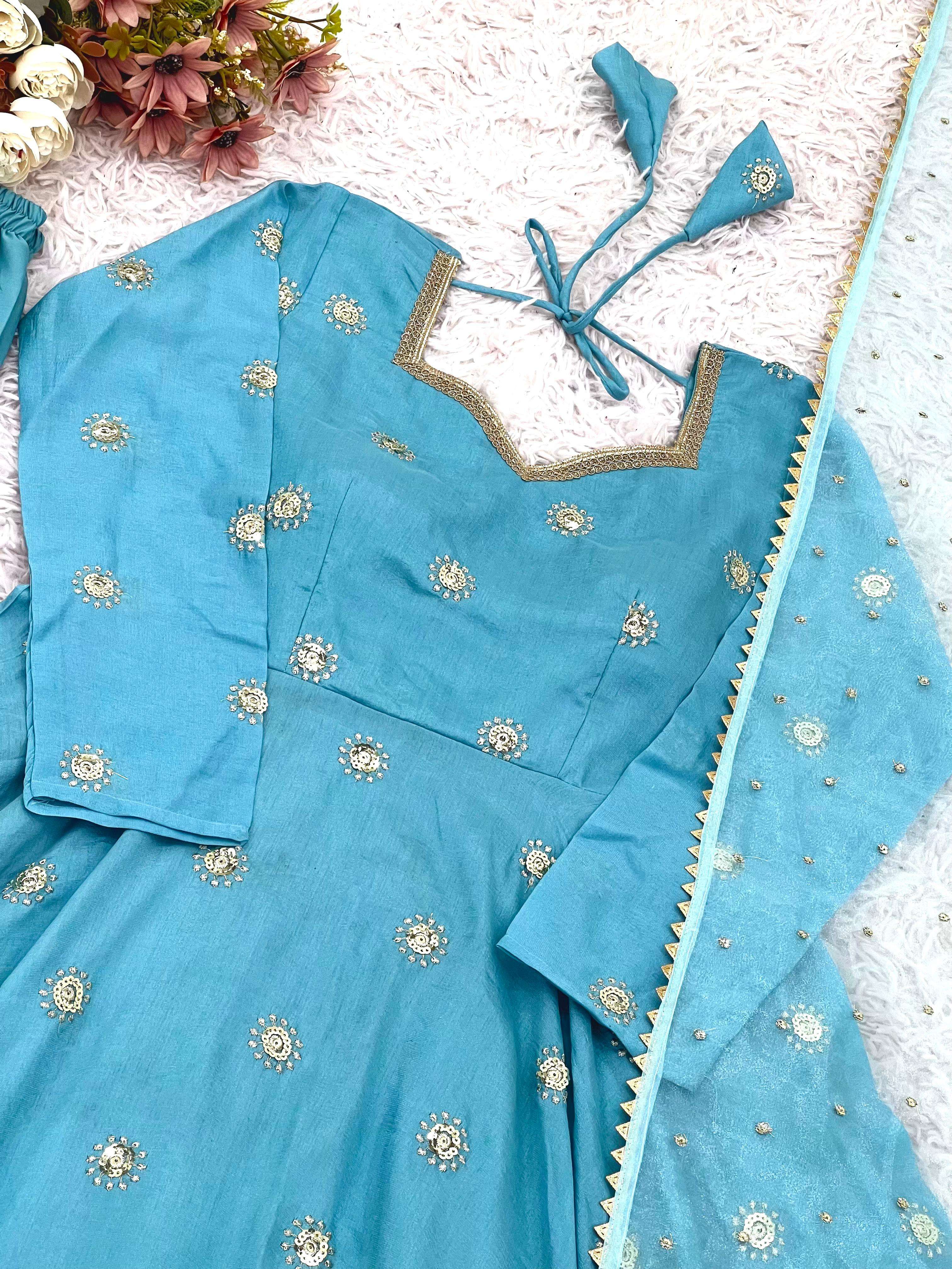 SSR 524 SILK SEQUENCE EMBROIDERY WORK ANARKALI STYLE GOWN BOTTOM AND DUPATTA SET 