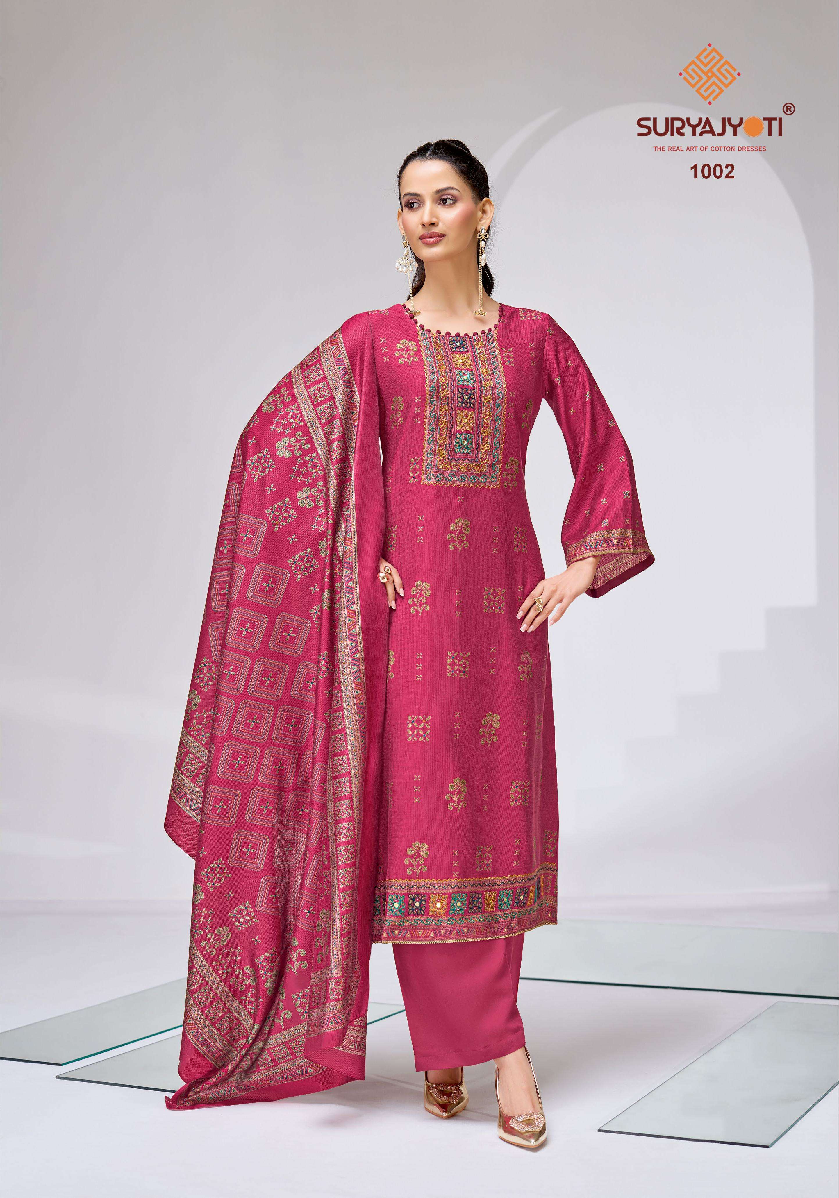 SURYAJYOTI CHANDRIKA VOL 1 VISCOSE FOIL PRINT WITH FANCY WORK SUIT