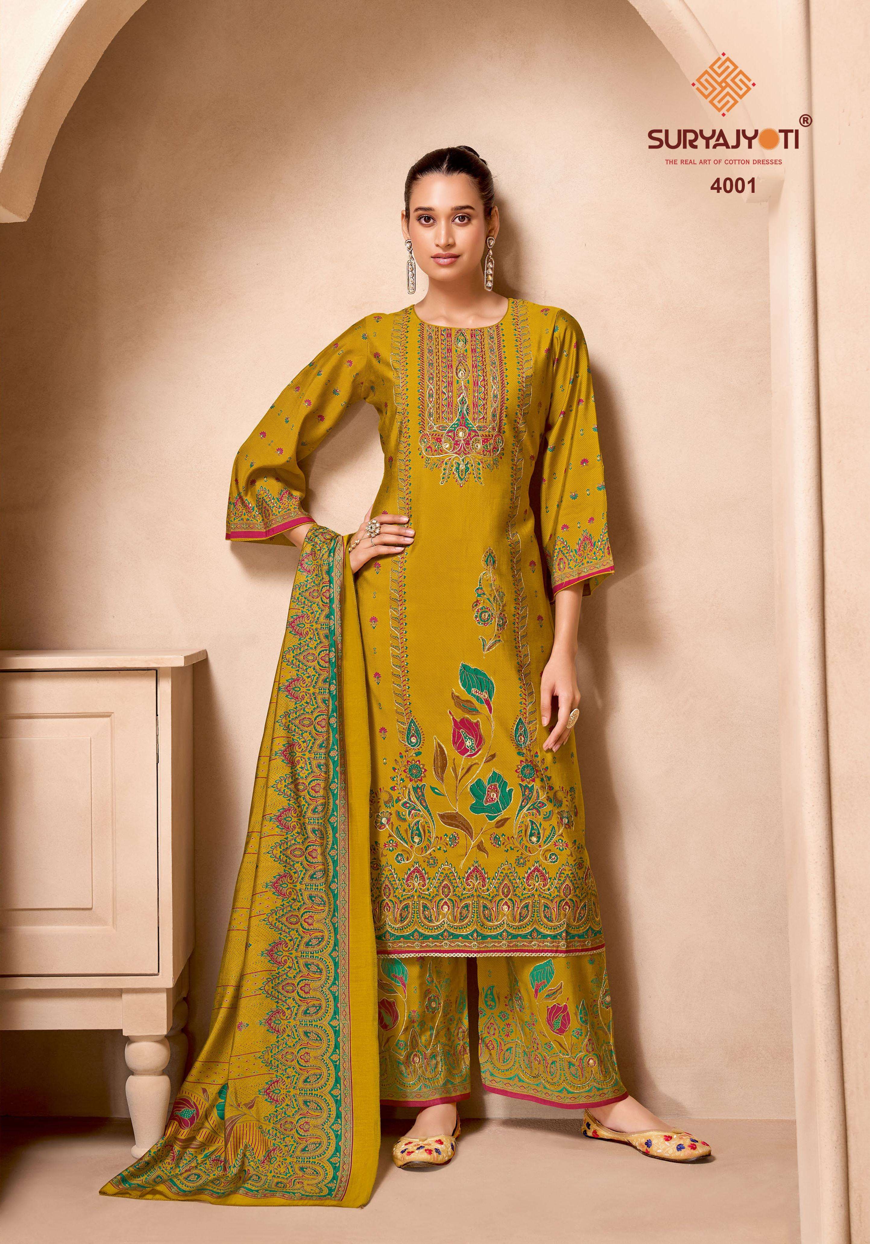 SURYAJYOTI KOMAL VOL 4 MODAL PRINT WITH FANCY WORK SUIT