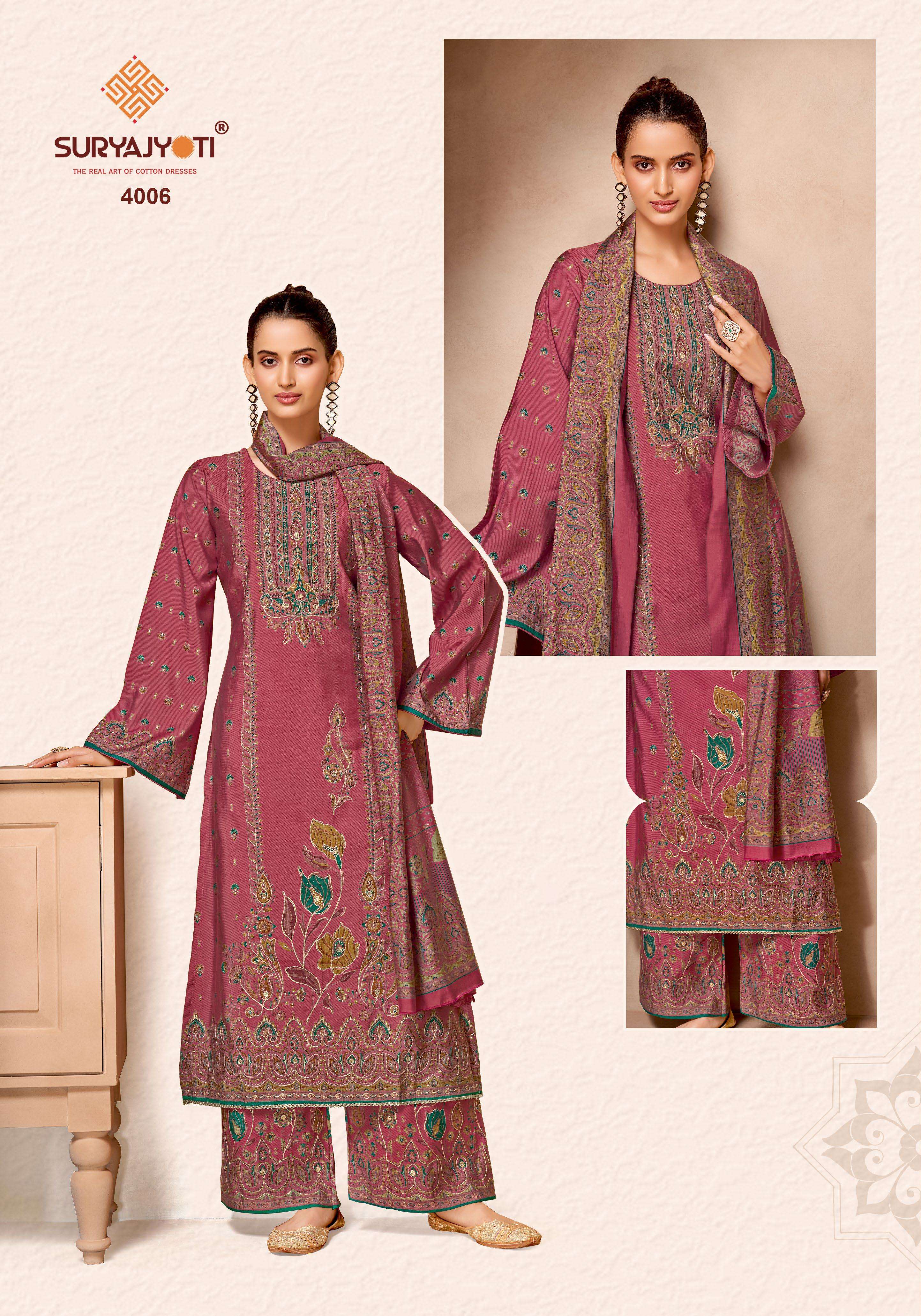 SURYAJYOTI KOMAL VOL 4 MODAL PRINT WITH FANCY WORK SUIT