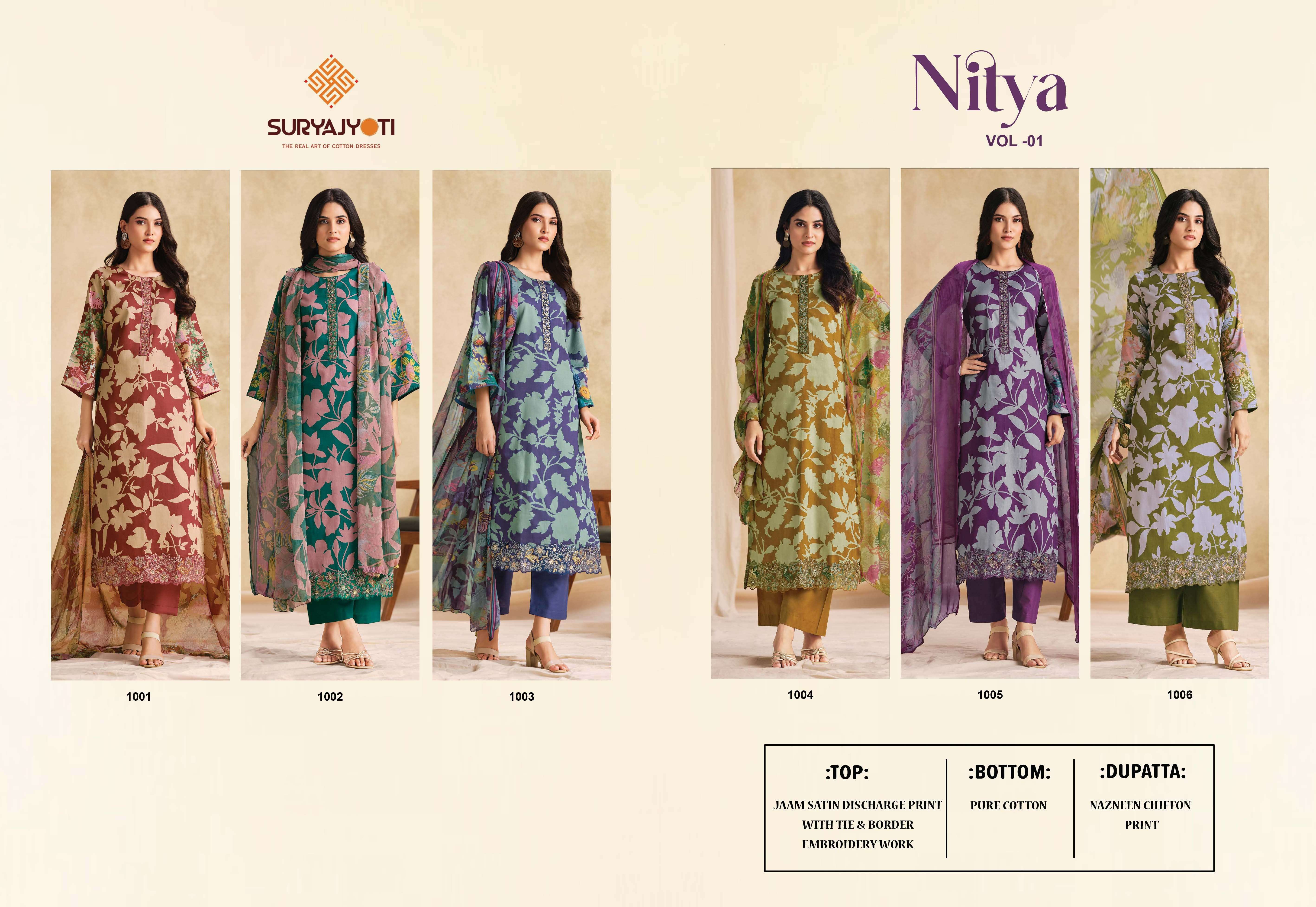 SURYAJYOTI NITYA VOL 1 JAM SATIN PRINT WITH FANCY EMBROIDERY WORK SUIT