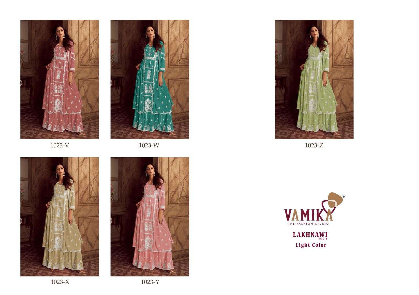 VAMIKA LAKHNAVI VOL 4 LIGHT COLOR RAYON FANCY LUCKNOWI WORKS LADIES 3PCS SET COLLECTION