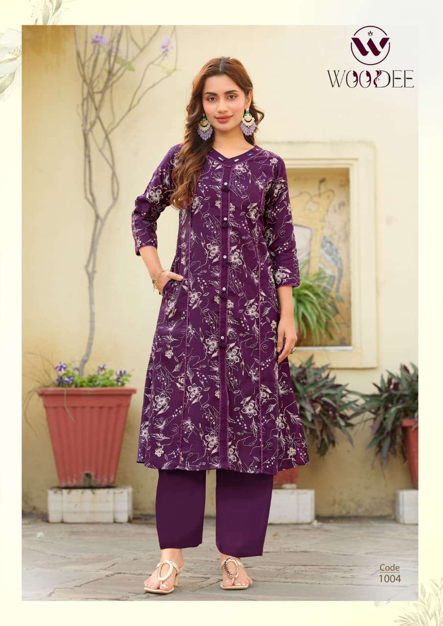  WOODEE MAHIKA VISCOSE PRINT FANCY A LINE STYLE KURTI WITH BOTTOM PAIR 