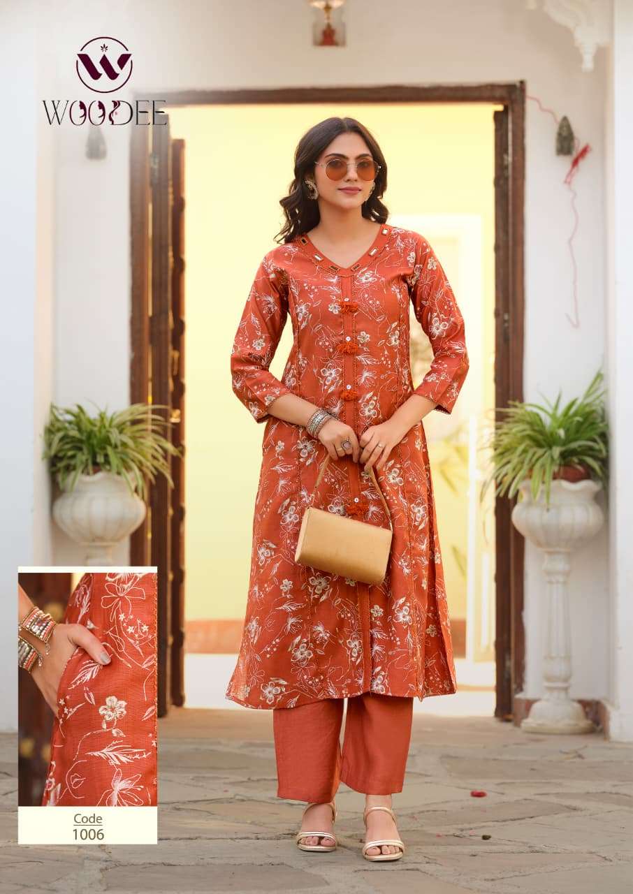  WOODEE MAHIKA VISCOSE PRINT FANCY A LINE STYLE KURTI WITH BOTTOM PAIR 