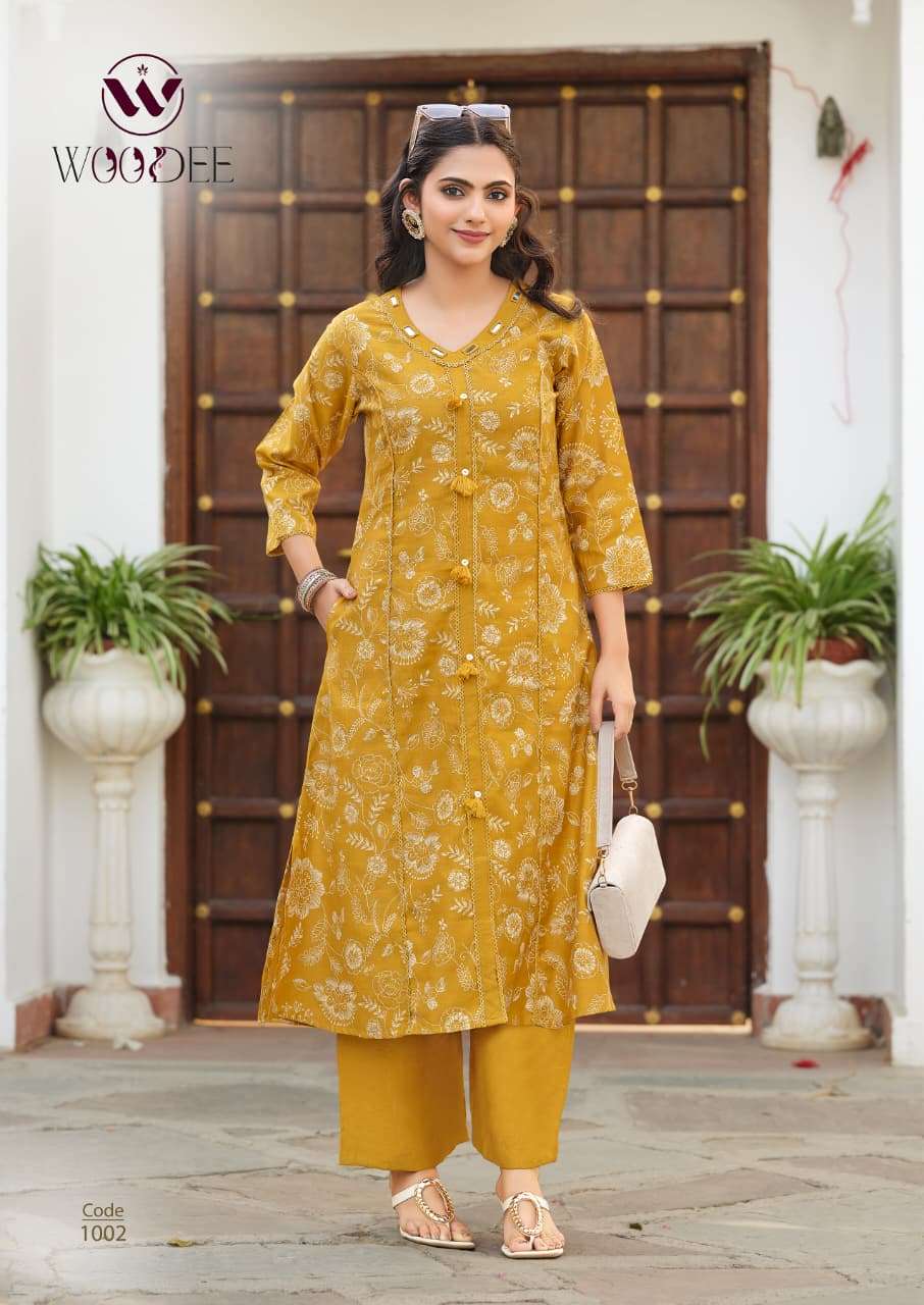  WOODEE MAHIKA VISCOSE PRINT FANCY A LINE STYLE KURTI WITH BOTTOM PAIR 