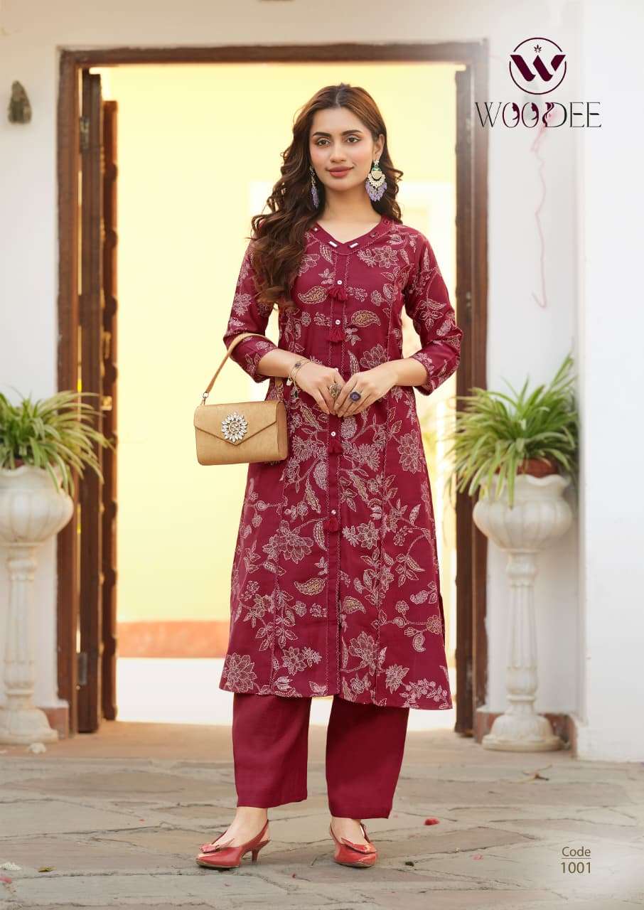  WOODEE MAHIKA VISCOSE PRINT FANCY A LINE STYLE KURTI WITH BOTTOM PAIR 