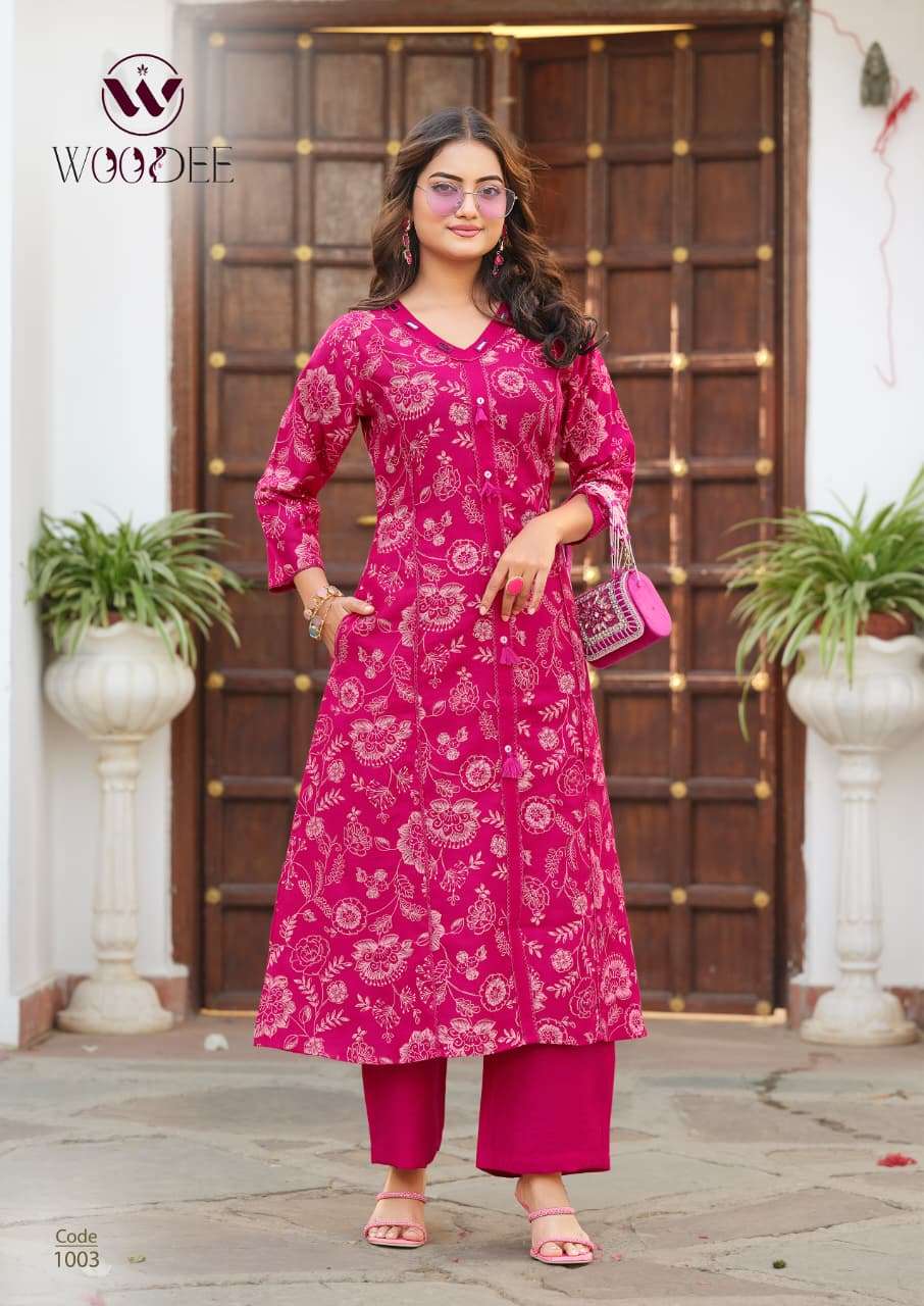  WOODEE MAHIKA VISCOSE PRINT FANCY A LINE STYLE KURTI WITH BOTTOM PAIR 