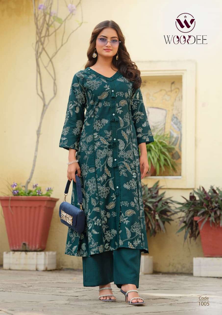  WOODEE MAHIKA VISCOSE PRINT FANCY A LINE STYLE KURTI WITH BOTTOM PAIR 