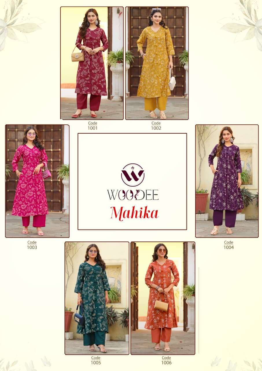  WOODEE MAHIKA VISCOSE PRINT FANCY A LINE STYLE KURTI WITH BOTTOM PAIR 