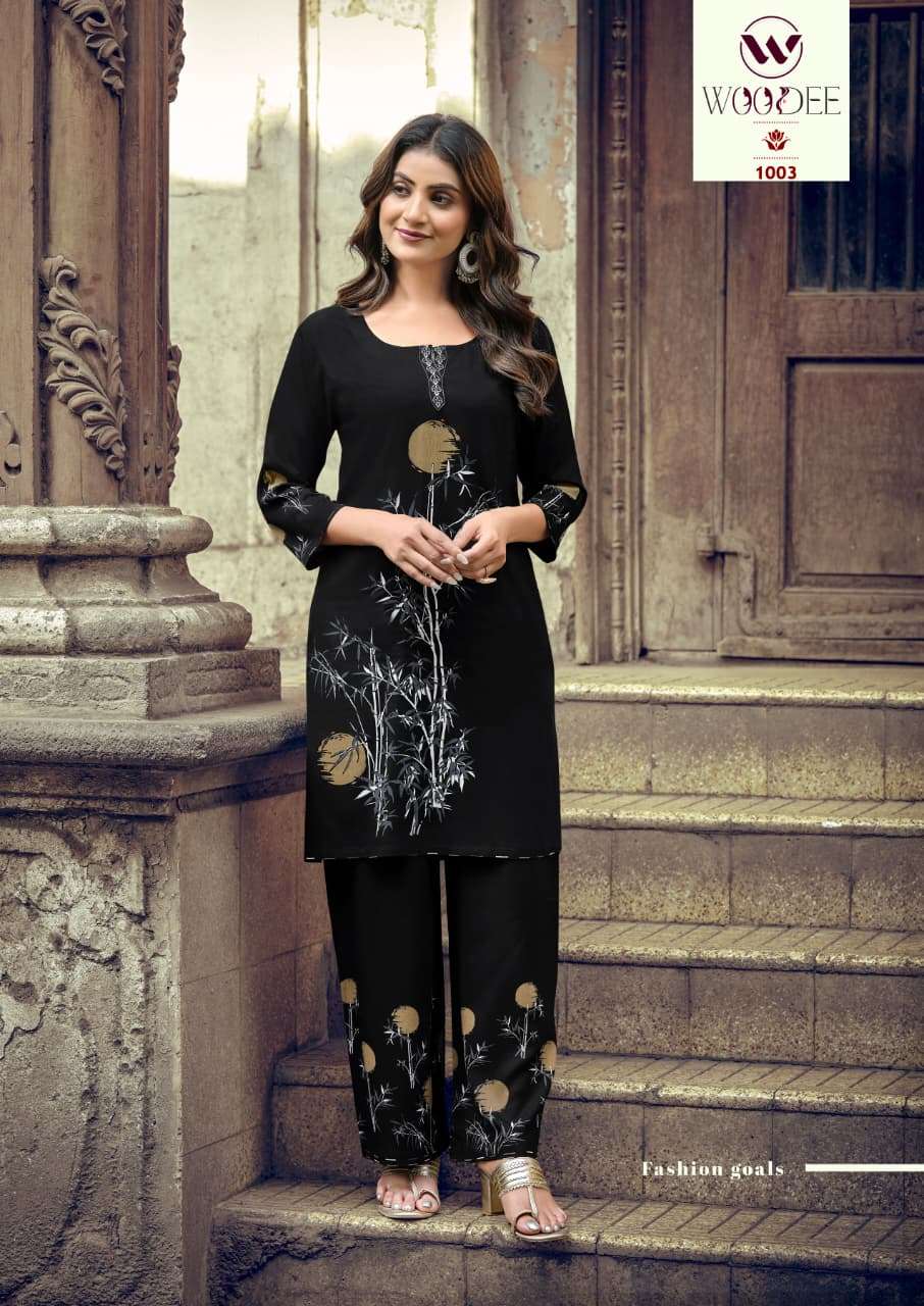 WOODEE NATASHA RAYON FANCY WORKS LADIES SALWAR KURTI WITH BOTTOM PAIR 