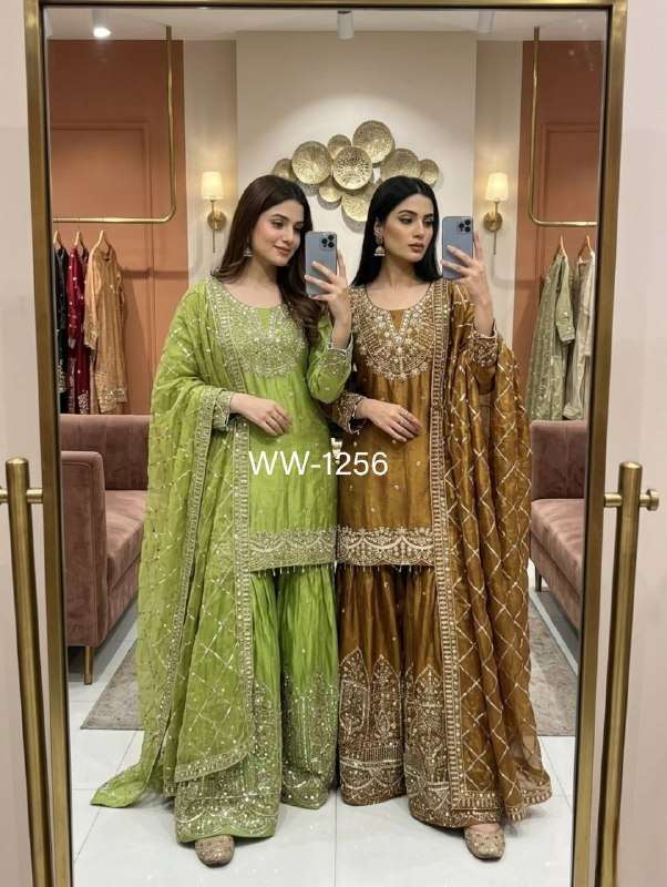 WW 1256 SILK HEAVY EMBROIDERD DESIGNER FESTIVE WEAR SHARARA SUIT