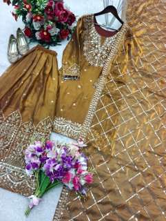 WW 1256 SILK HEAVY EMBROIDERD DESIGNER FESTIVE WEAR SHARARA SUIT