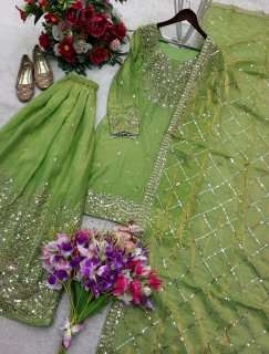 WW 1256 SILK HEAVY EMBROIDERD DESIGNER FESTIVE WEAR SHARARA SUIT