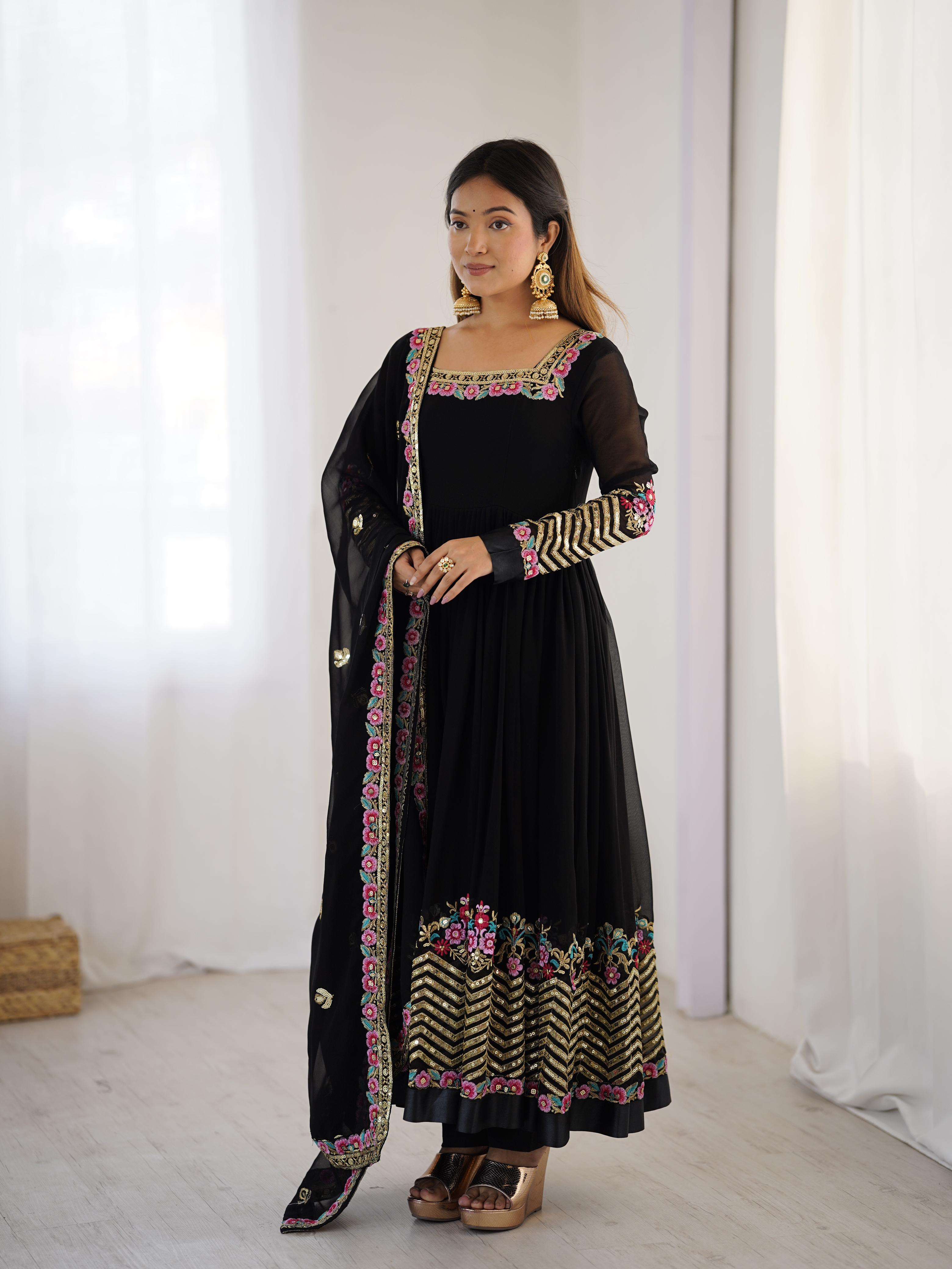 ZF 5010 GEORGETTE SEQUENCE DESIGNER WORK ANARKALI STYLE GOWN BOTTOM AND DUPATTA SET 