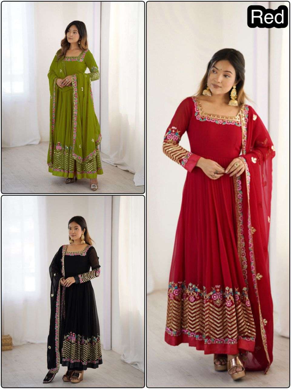 ZF 5010 GEORGETTE SEQUENCE DESIGNER WORK ANARKALI STYLE GOWN BOTTOM AND DUPATTA SET 