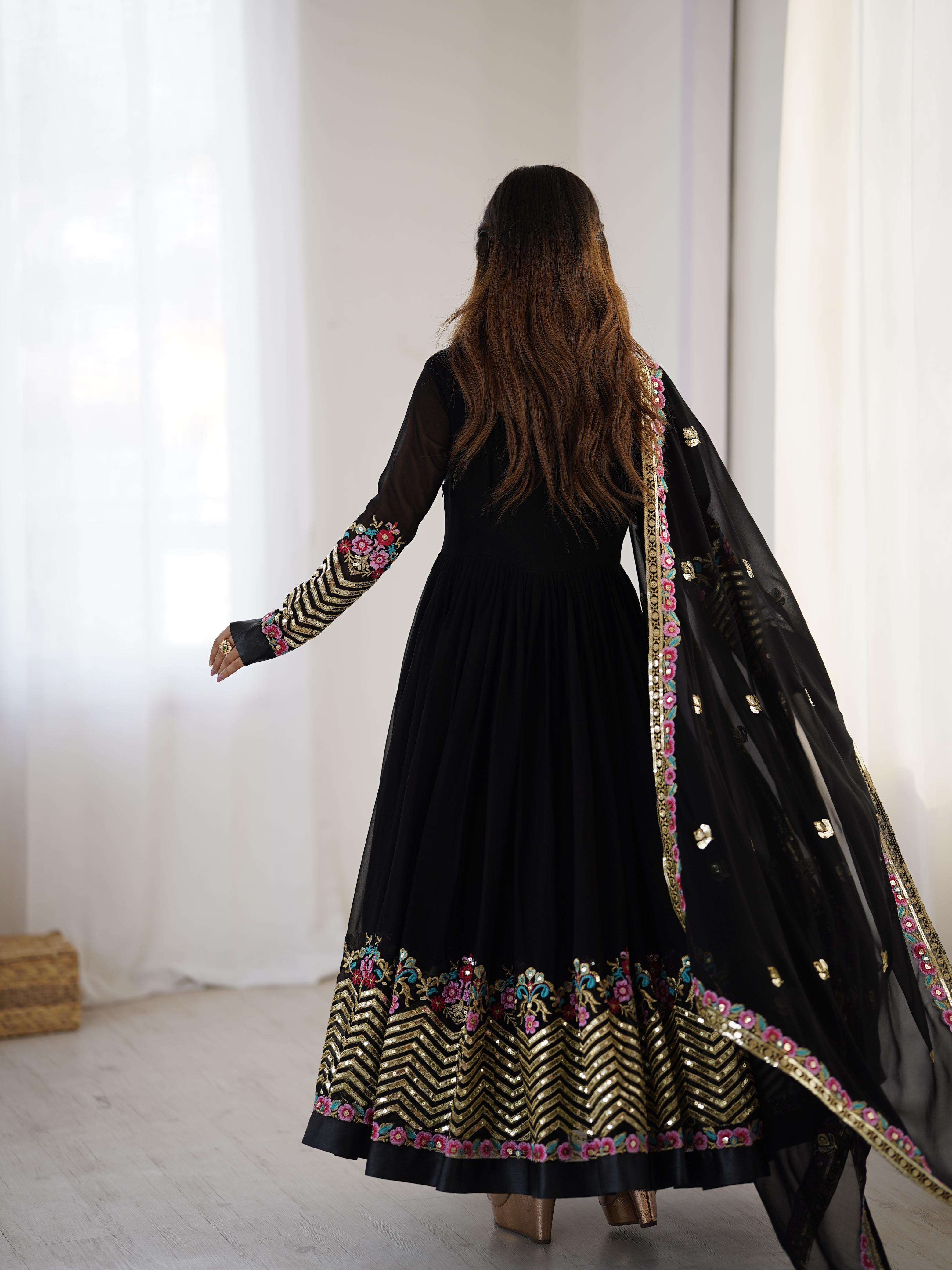 ZF 5010 GEORGETTE SEQUENCE DESIGNER WORK ANARKALI STYLE GOWN BOTTOM AND DUPATTA SET 