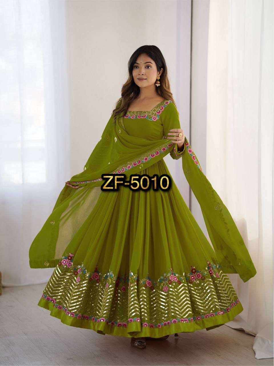 ZF 5010 GEORGETTE SEQUENCE DESIGNER WORK ANARKALI STYLE GOWN BOTTOM AND DUPATTA SET 
