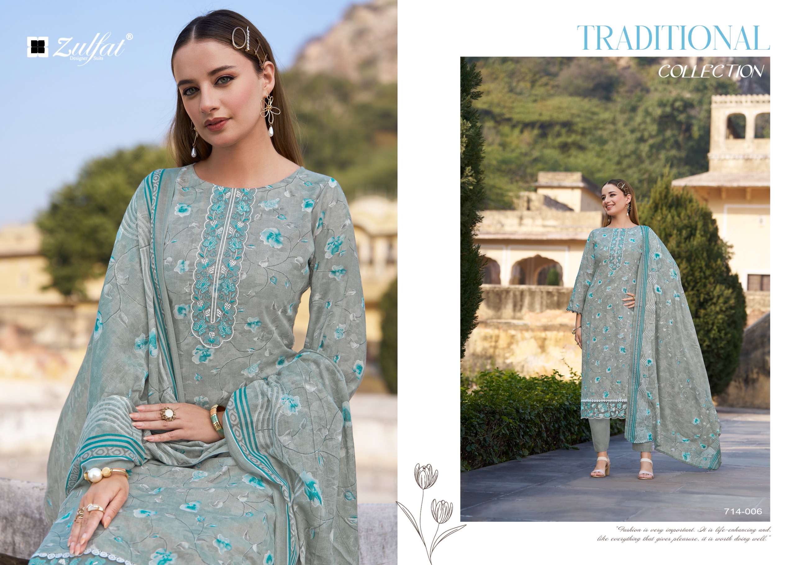 ZULFAT DESIGNER SUITS MASHUQA COTTON DIGITAL PRINT WITH FANCY WORK SUIT