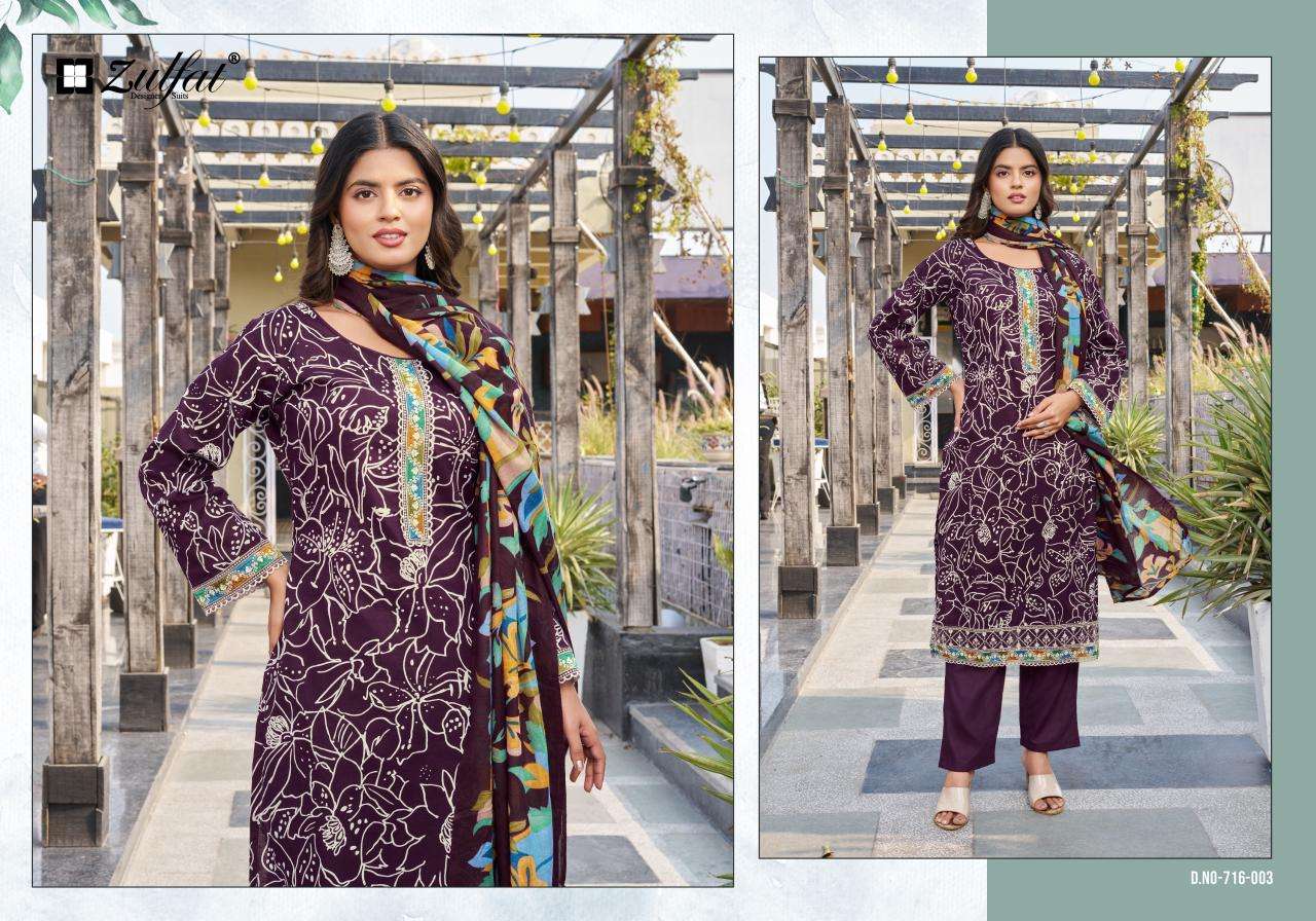 ZULFAT DESIGNER SUITS MIHIKA COTTON PRINT WITH FANCY WORK SUIT
